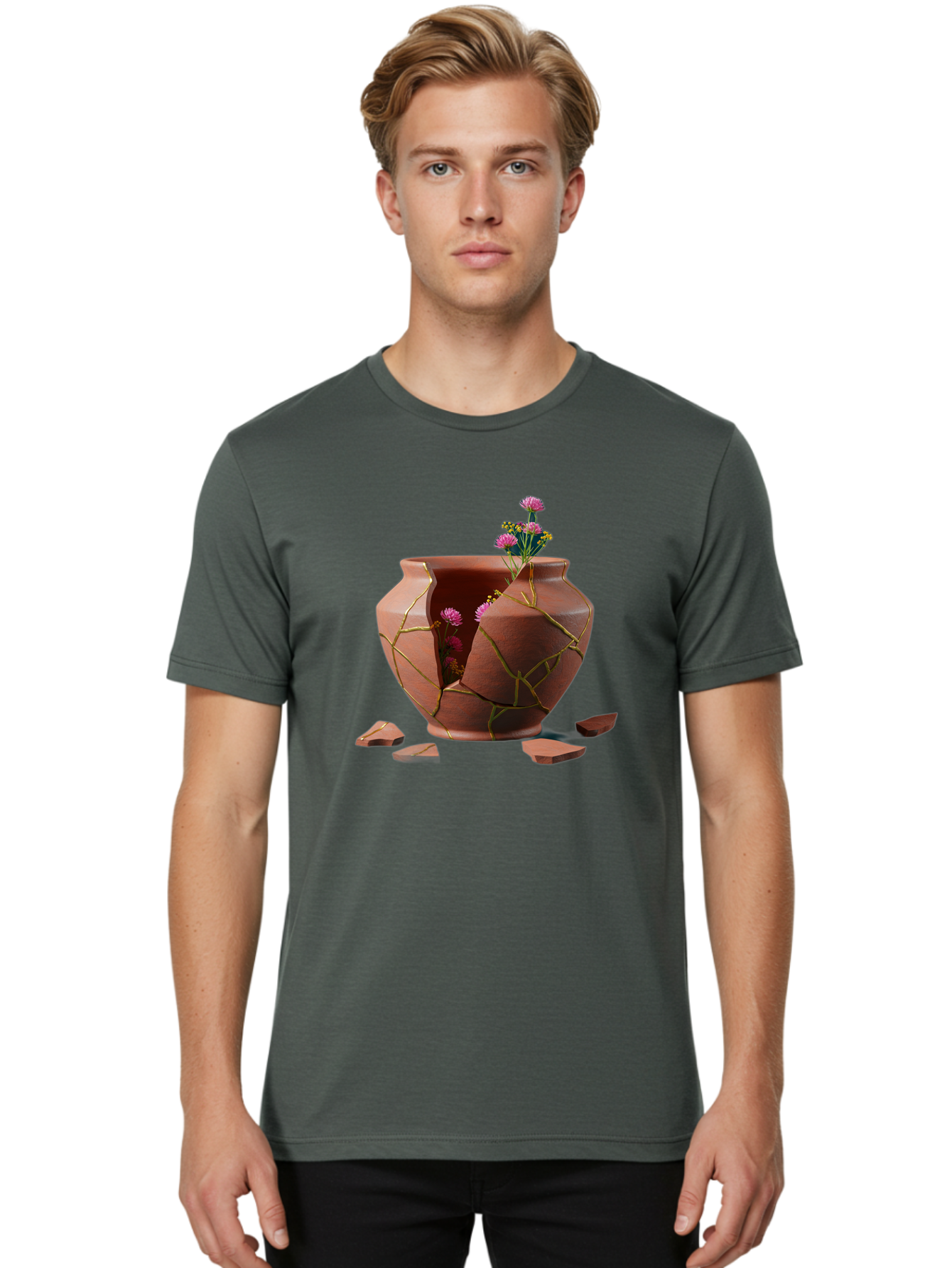 Kintsugi-Pot Men'S Graphic Tee, 100% Cotton, Comfortable Casual Summer Wear, Machine Washable, Repaired Vase, Broken Pottery, Gold Cracks, Pink Flowers, Kintsugi Art, Traditional Japanese Repair, Broken And Mended, Clay Pot, Vibrant Blooms, Baa900