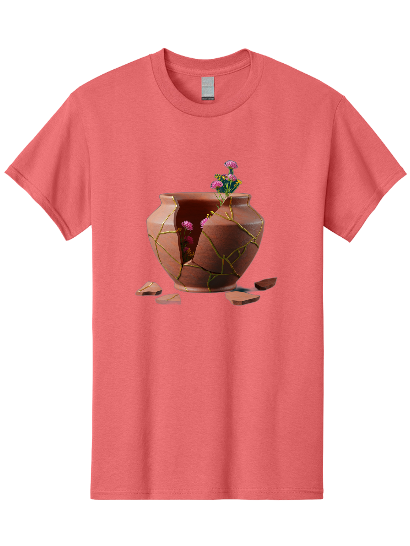 Kintsugi-Pot Men'S Graphic Tee, 100% Cotton, Comfortable Casual Summer Wear, Machine Washable, Repaired Vase, Broken Pottery, Gold Cracks, Pink Flowers, Kintsugi Art, Traditional Japanese Repair, Broken And Mended, Clay Pot, Vibrant Blooms, Baa900
