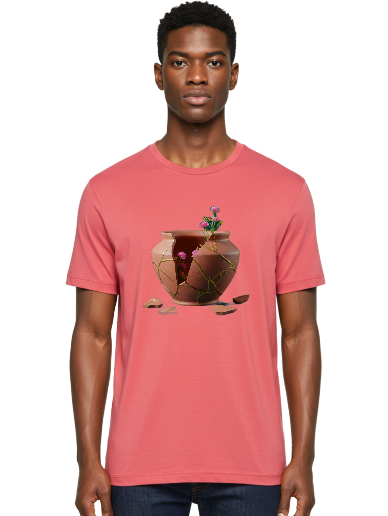 Kintsugi-Pot Men'S Graphic Tee, 100% Cotton, Comfortable Casual Summer Wear, Machine Washable, Repaired Vase, Broken Pottery, Gold Cracks, Pink Flowers, Kintsugi Art, Traditional Japanese Repair, Broken And Mended, Clay Pot, Vibrant Blooms, Baa900