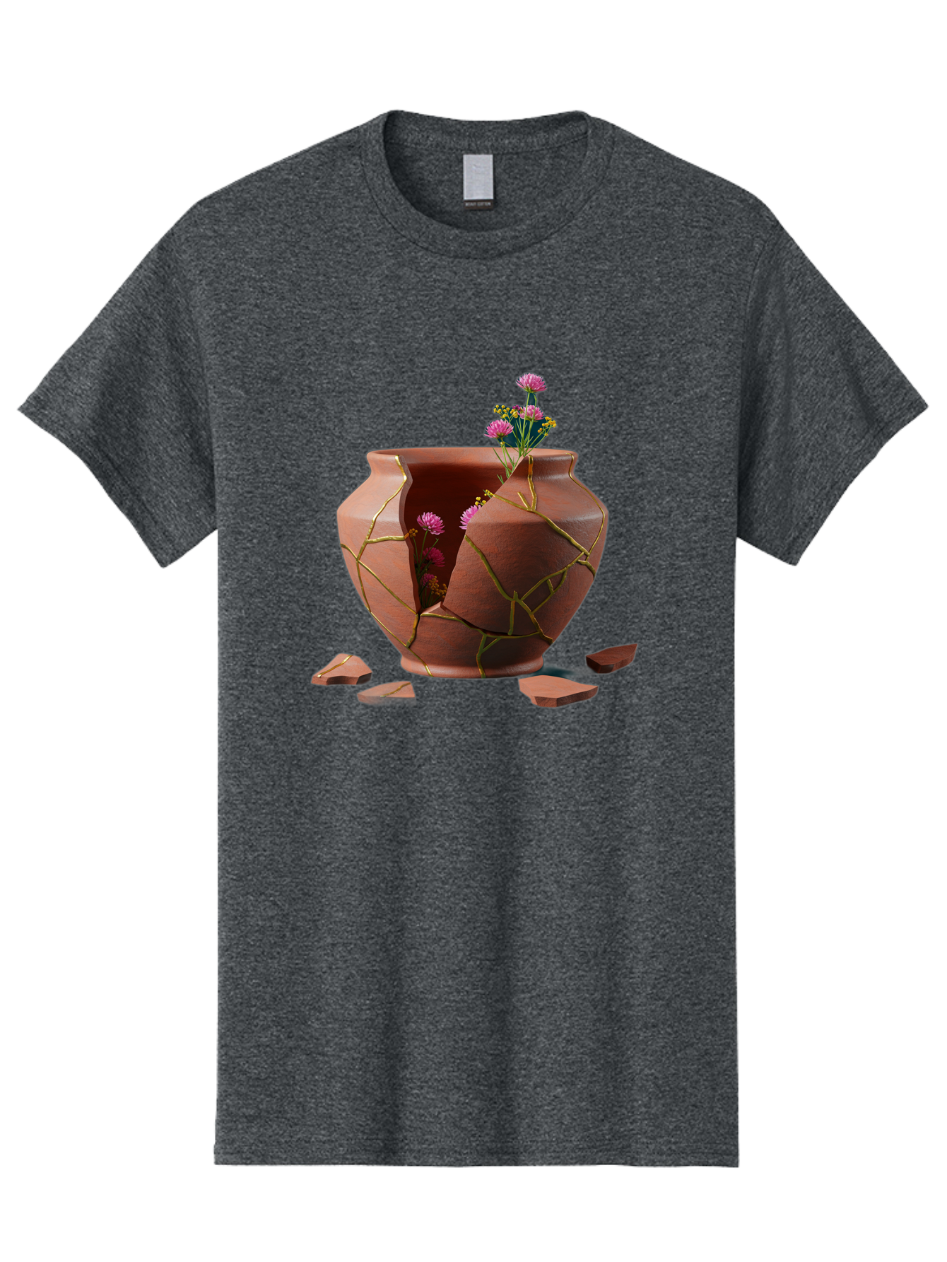 Kintsugi-Pot Men'S Graphic Tee, 100% Cotton, Comfortable Casual Summer Wear, Machine Washable, Repaired Vase, Broken Pottery, Gold Cracks, Pink Flowers, Kintsugi Art, Traditional Japanese Repair, Broken And Mended, Clay Pot, Vibrant Blooms, Baa900