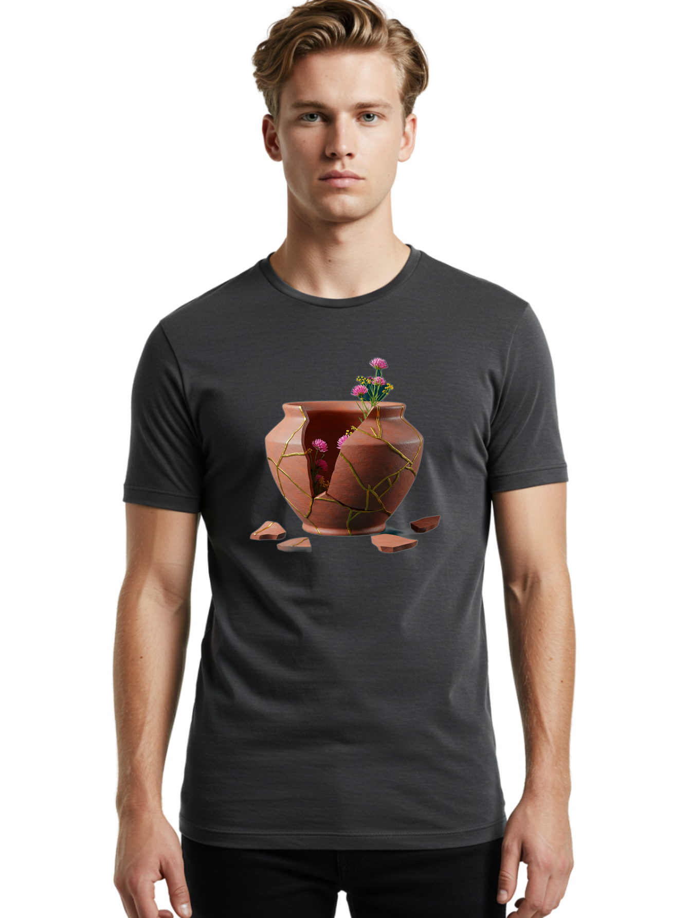 Kintsugi-Pot Men'S Graphic Tee, 100% Cotton, Comfortable Casual Summer Wear, Machine Washable, Repaired Vase, Broken Pottery, Gold Cracks, Pink Flowers, Kintsugi Art, Traditional Japanese Repair, Broken And Mended, Clay Pot, Vibrant Blooms, Baa900