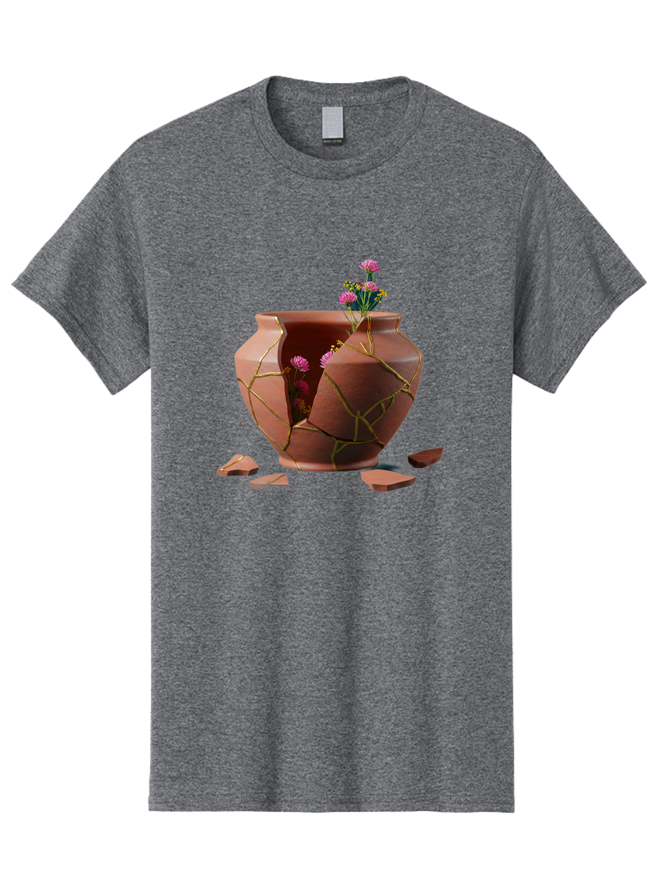 Kintsugi-Pot Men'S Graphic Tee, 100% Cotton, Comfortable Casual Summer Wear, Machine Washable, Repaired Vase, Broken Pottery, Gold Cracks, Pink Flowers, Kintsugi Art, Traditional Japanese Repair, Broken And Mended, Clay Pot, Vibrant Blooms, Baa900