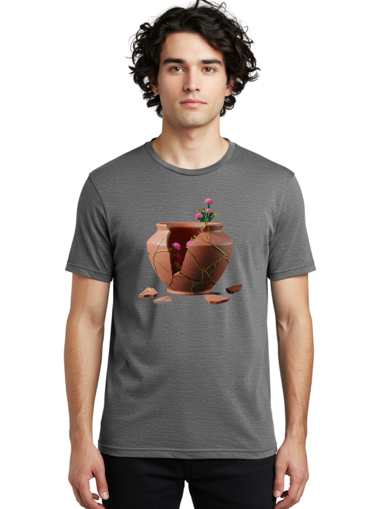 Kintsugi-Pot Men'S Graphic Tee, 100% Cotton, Comfortable Casual Summer Wear, Machine Washable, Repaired Vase, Broken Pottery, Gold Cracks, Pink Flowers, Kintsugi Art, Traditional Japanese Repair, Broken And Mended, Clay Pot, Vibrant Blooms, Baa900