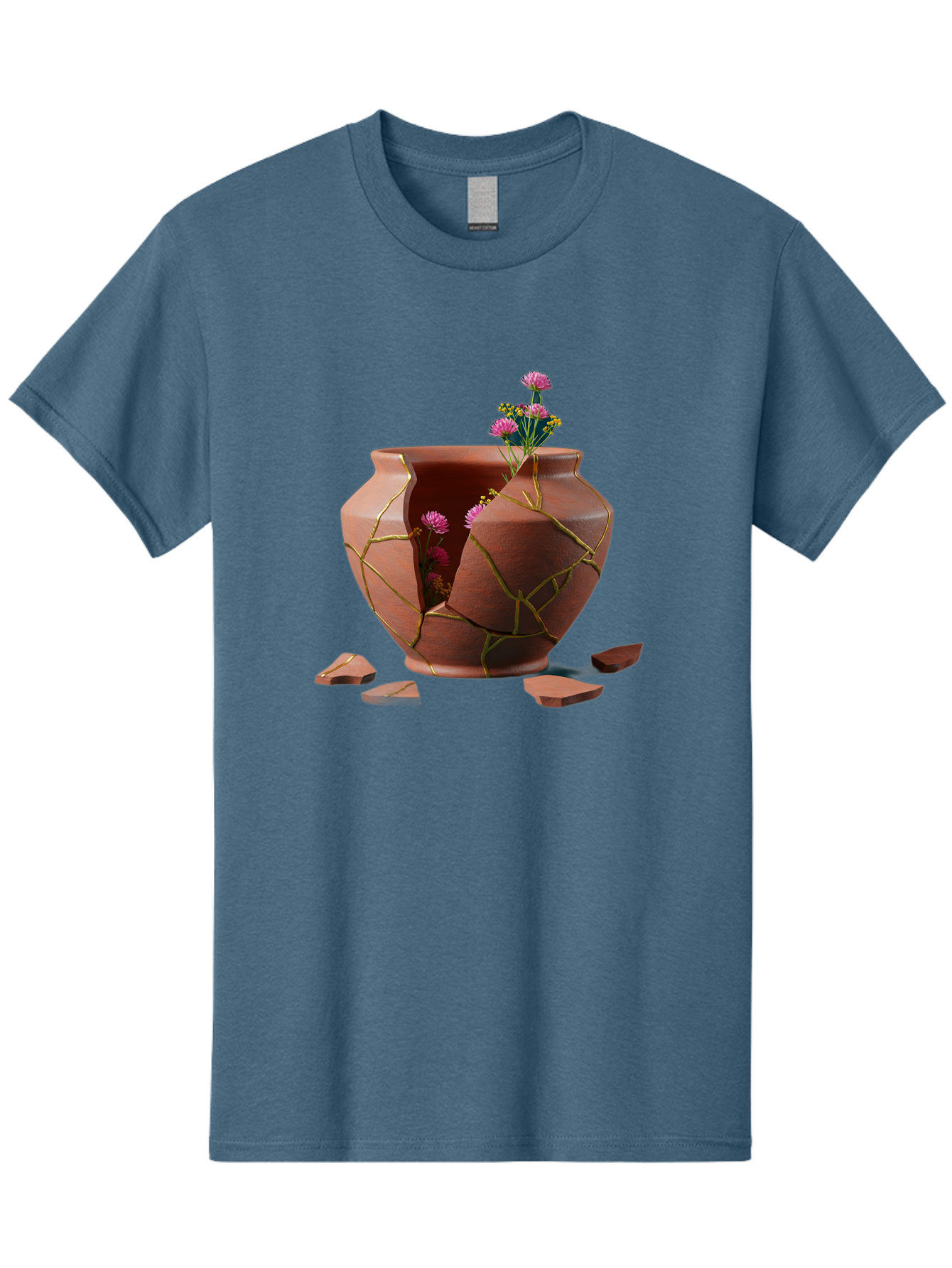 Kintsugi-Pot Men'S Graphic Tee, 100% Cotton, Comfortable Casual Summer Wear, Machine Washable, Repaired Vase, Broken Pottery, Gold Cracks, Pink Flowers, Kintsugi Art, Traditional Japanese Repair, Broken And Mended, Clay Pot, Vibrant Blooms, Baa900