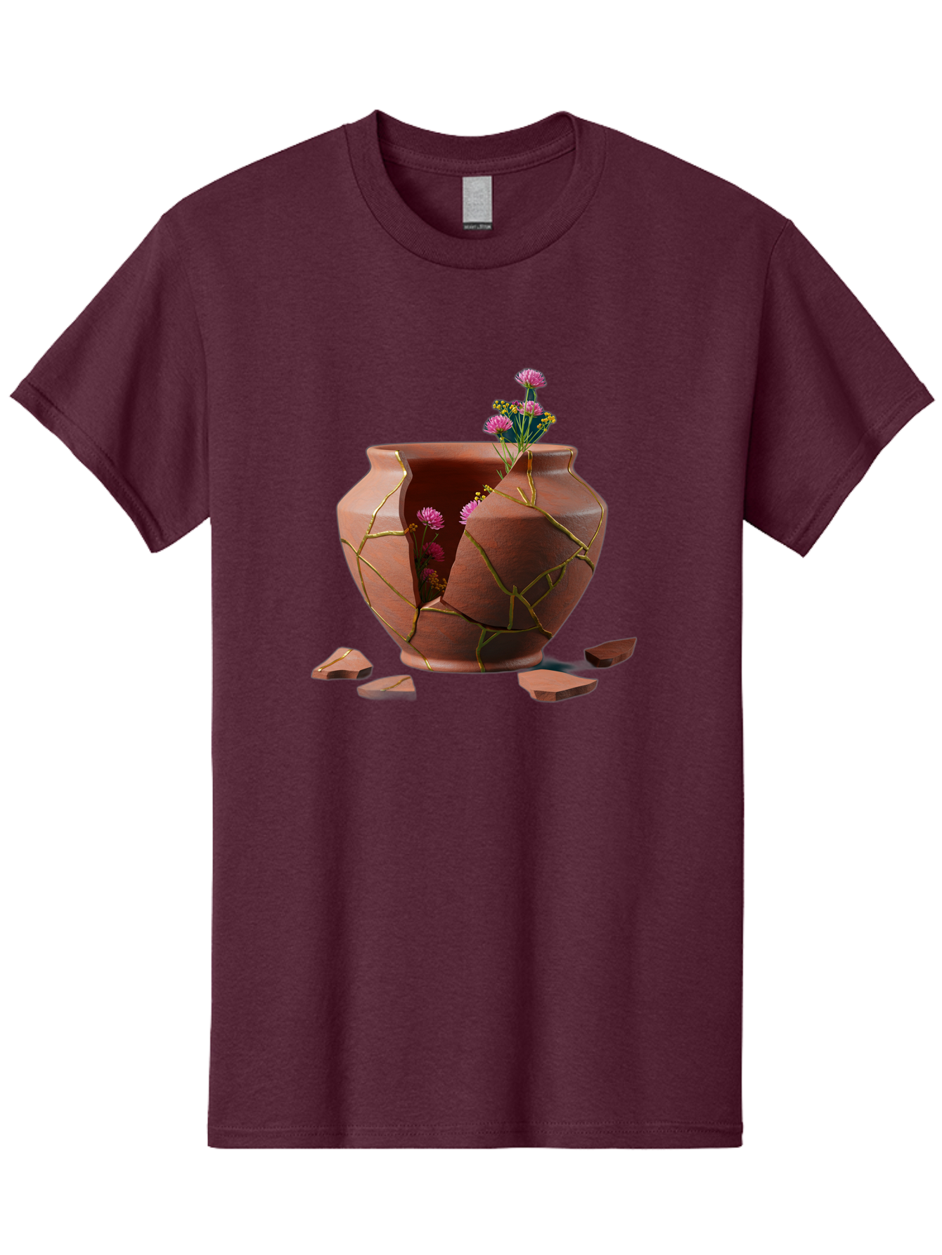 Kintsugi-Pot Men'S Graphic Tee, 100% Cotton, Comfortable Casual Summer Wear, Machine Washable, Repaired Vase, Broken Pottery, Gold Cracks, Pink Flowers, Kintsugi Art, Traditional Japanese Repair, Broken And Mended, Clay Pot, Vibrant Blooms, Baa900
