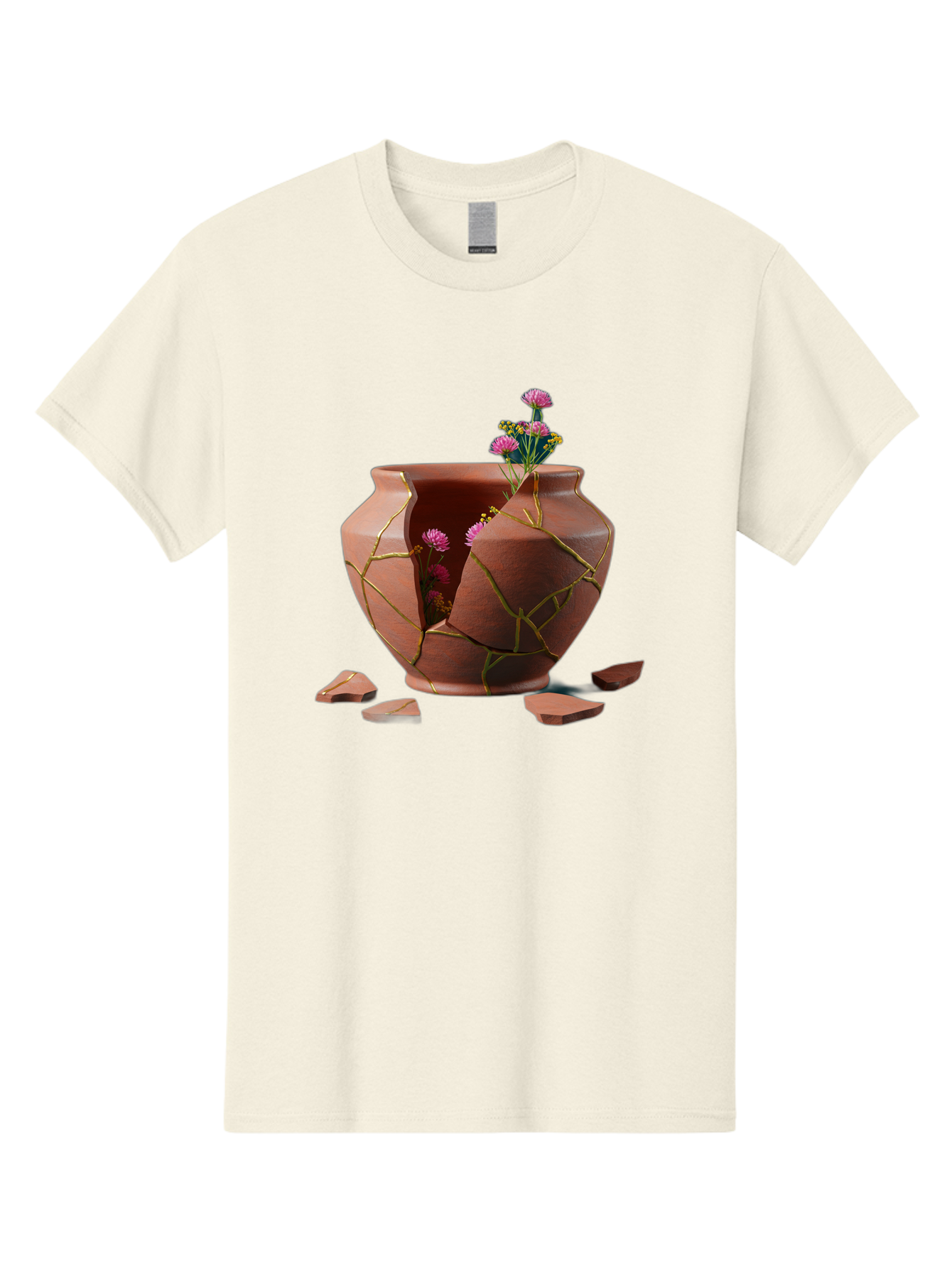 Kintsugi-Pot Men'S Graphic Tee, 100% Cotton, Comfortable Casual Summer Wear, Machine Washable, Repaired Vase, Broken Pottery, Gold Cracks, Pink Flowers, Kintsugi Art, Traditional Japanese Repair, Broken And Mended, Clay Pot, Vibrant Blooms, Baa900