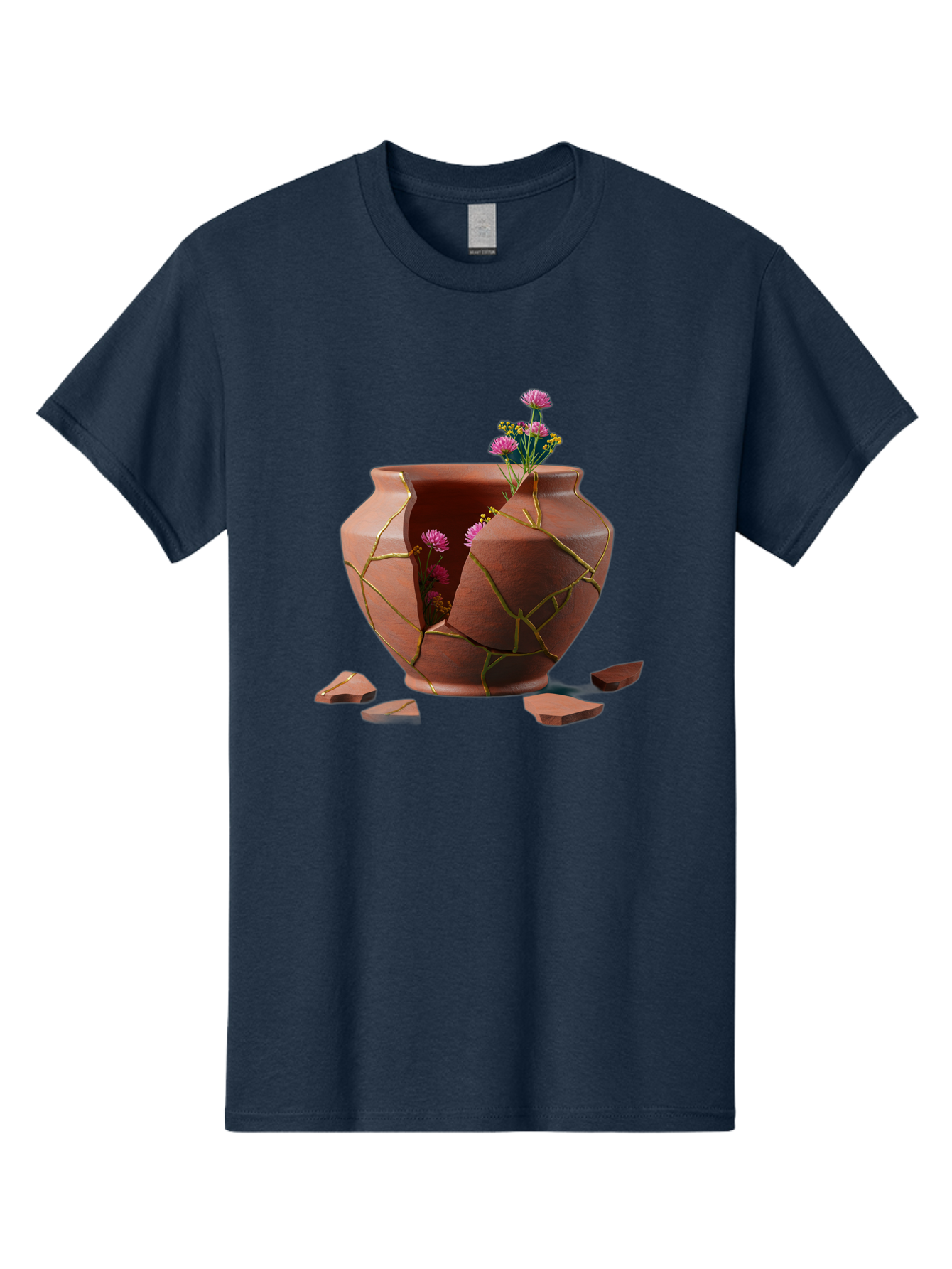 Kintsugi-Pot Men'S Graphic Tee, 100% Cotton, Comfortable Casual Summer Wear, Machine Washable, Repaired Vase, Broken Pottery, Gold Cracks, Pink Flowers, Kintsugi Art, Traditional Japanese Repair, Broken And Mended, Clay Pot, Vibrant Blooms, Baa900