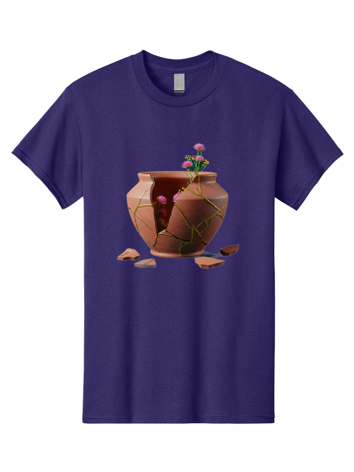 Kintsugi-Pot Men'S Graphic Tee, 100% Cotton, Comfortable Casual Summer Wear, Machine Washable, Repaired Vase, Broken Pottery, Gold Cracks, Pink Flowers, Kintsugi Art, Traditional Japanese Repair, Broken And Mended, Clay Pot, Vibrant Blooms, Baa900