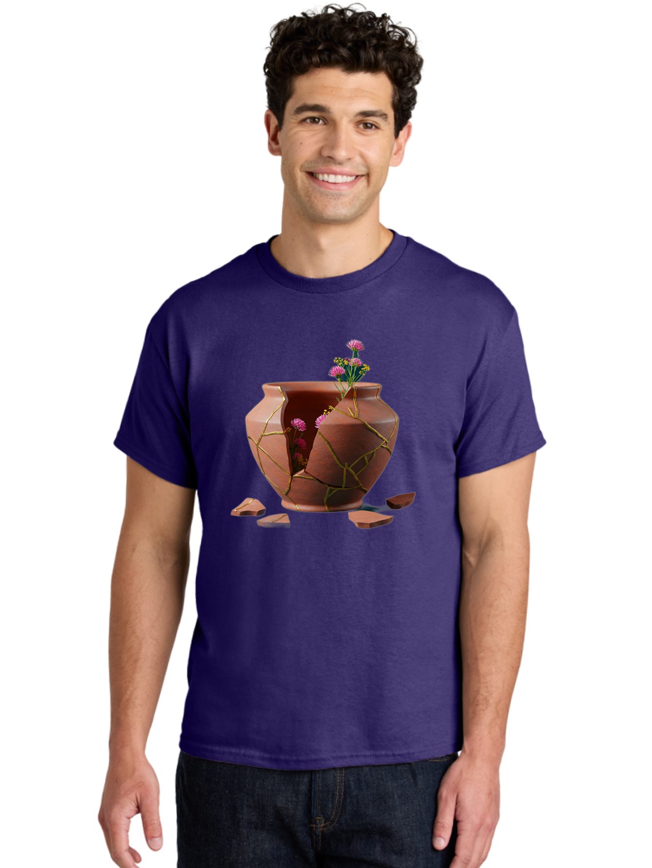 Kintsugi-Pot Men'S Graphic Tee, 100% Cotton, Comfortable Casual Summer Wear, Machine Washable, Repaired Vase, Broken Pottery, Gold Cracks, Pink Flowers, Kintsugi Art, Traditional Japanese Repair, Broken And Mended, Clay Pot, Vibrant Blooms, Baa900