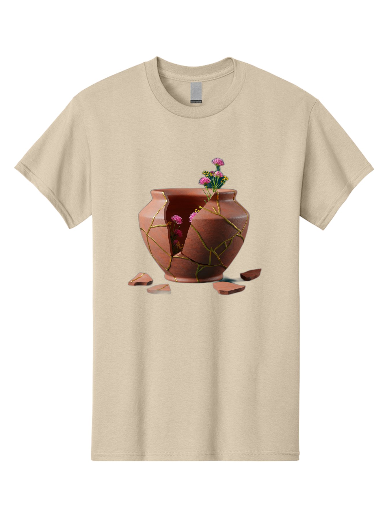Kintsugi-Pot Men'S Graphic Tee, 100% Cotton, Comfortable Casual Summer Wear, Machine Washable, Repaired Vase, Broken Pottery, Gold Cracks, Pink Flowers, Kintsugi Art, Traditional Japanese Repair, Broken And Mended, Clay Pot, Vibrant Blooms, Baa900