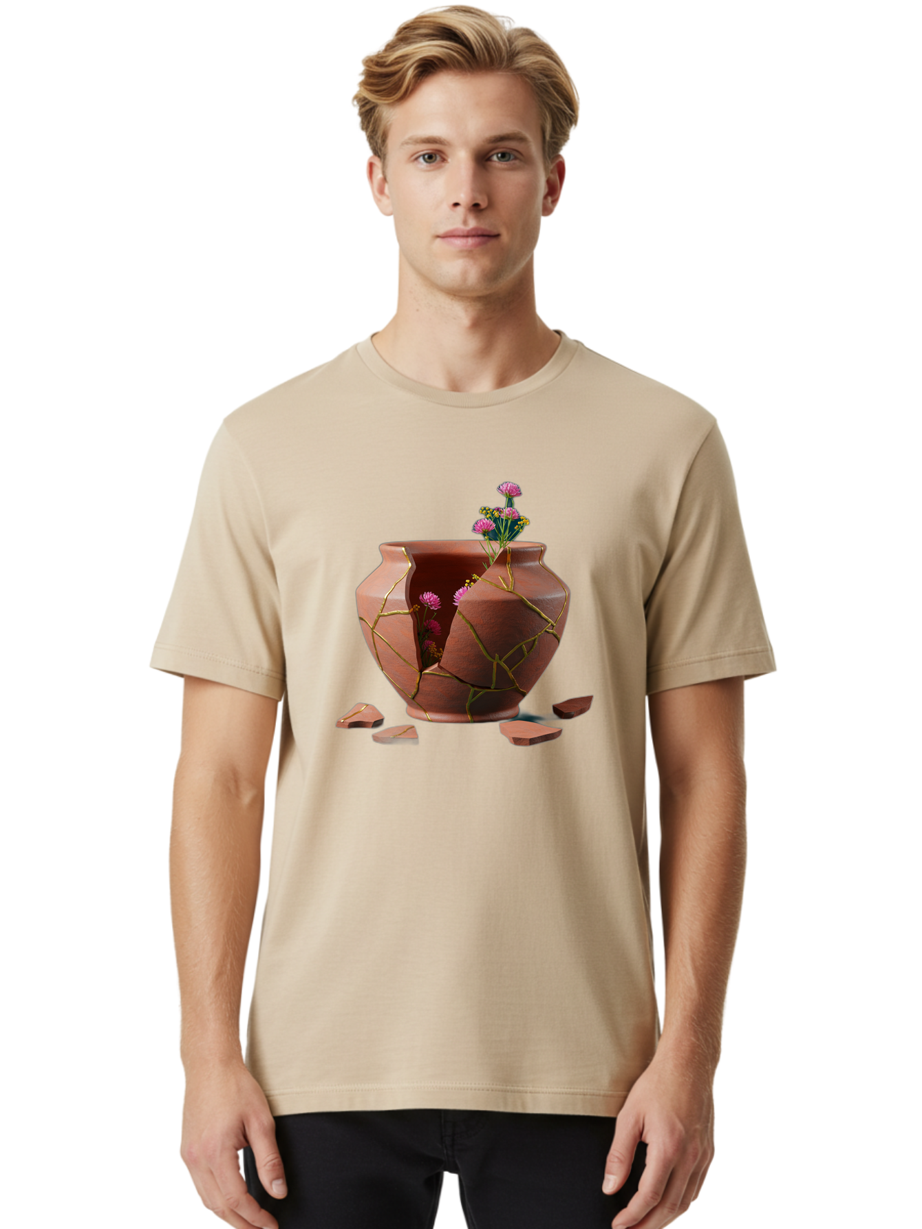 Kintsugi-Pot Men'S Graphic Tee, 100% Cotton, Comfortable Casual Summer Wear, Machine Washable, Repaired Vase, Broken Pottery, Gold Cracks, Pink Flowers, Kintsugi Art, Traditional Japanese Repair, Broken And Mended, Clay Pot, Vibrant Blooms, Baa900