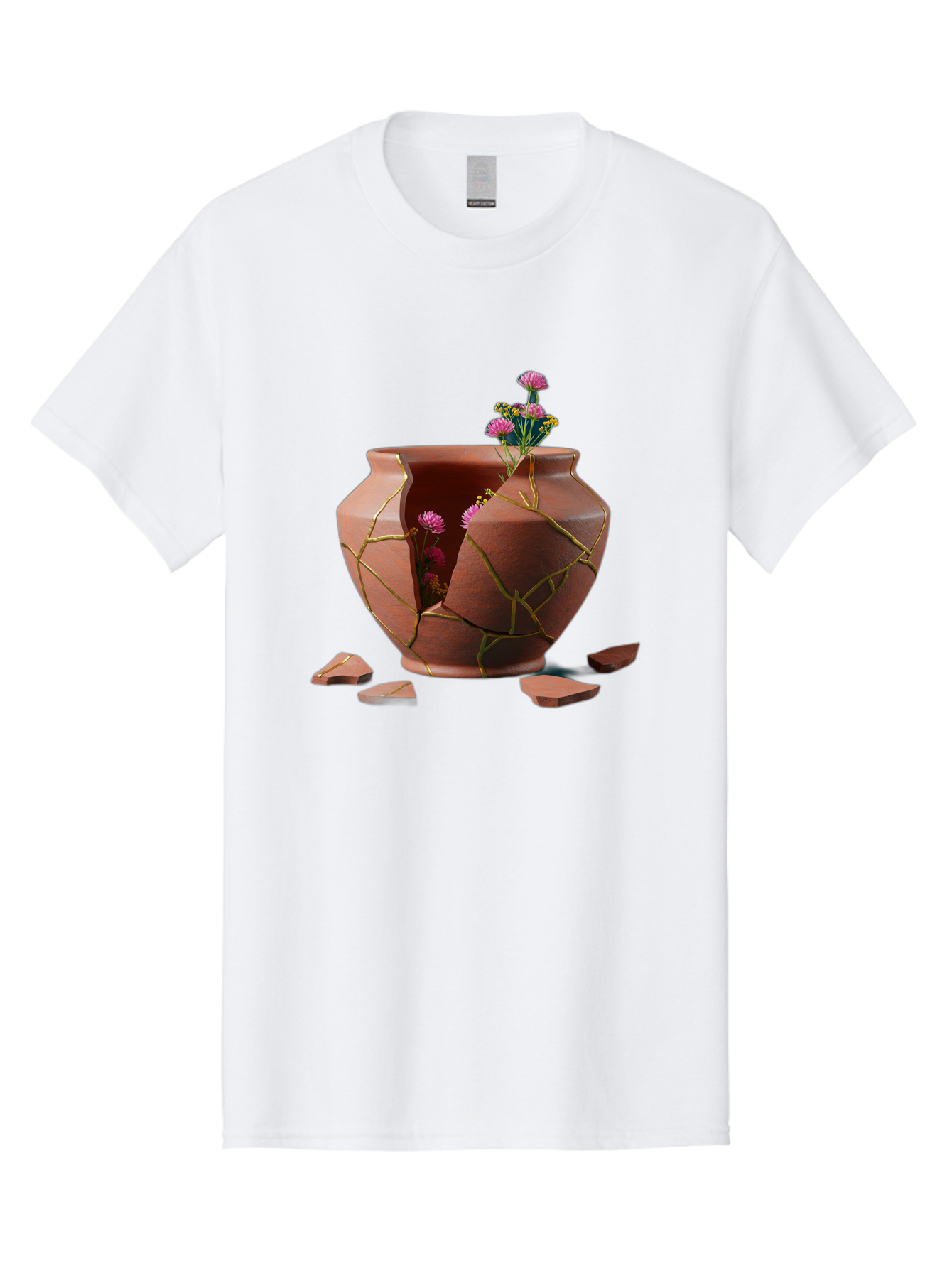 Kintsugi-Pot Men'S Graphic Tee, 100% Cotton, Comfortable Casual Summer Wear, Machine Washable, Repaired Vase, Broken Pottery, Gold Cracks, Pink Flowers, Kintsugi Art, Traditional Japanese Repair, Broken And Mended, Clay Pot, Vibrant Blooms, Baa900