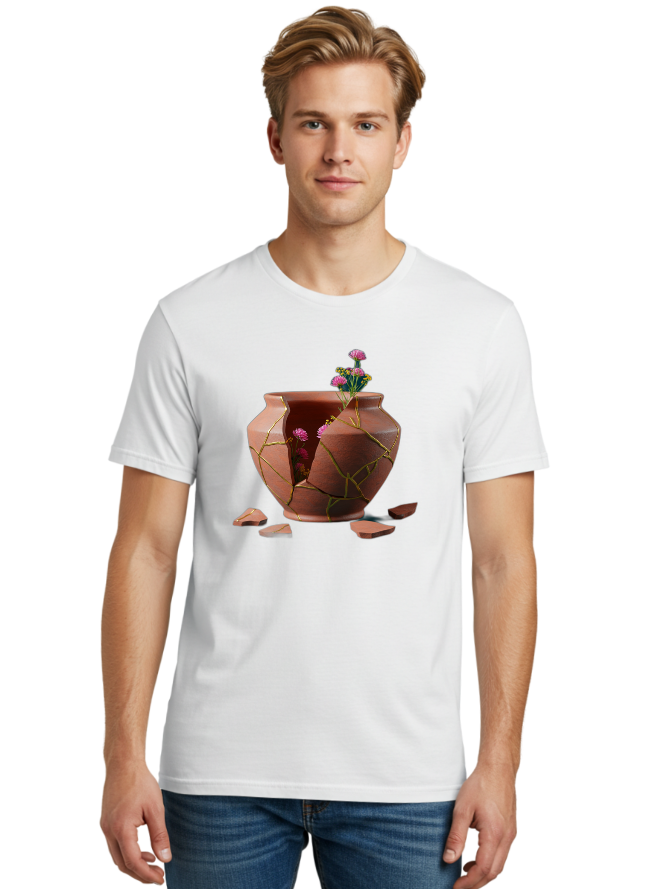 Kintsugi-Pot Men'S Graphic Tee, 100% Cotton, Comfortable Casual Summer Wear, Machine Washable, Repaired Vase, Broken Pottery, Gold Cracks, Pink Flowers, Kintsugi Art, Traditional Japanese Repair, Broken And Mended, Clay Pot, Vibrant Blooms, Baa900