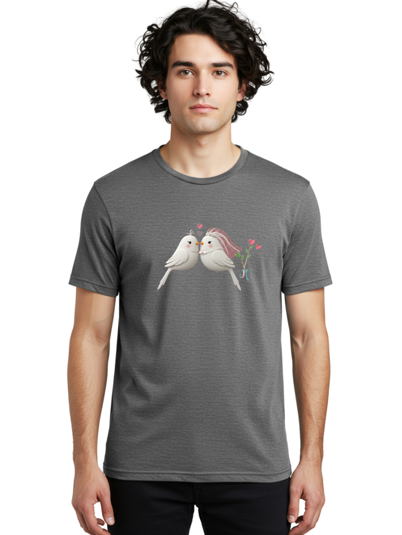 Kissing-Birds Men'S Graphic Tee, 100% Cotton, Comfortable Casual Summer Wear, Machine Washable, Wedding Birds, Couple Love Birds, Kissing Birds, Cartoon Birds, Digital Art, Cute Birds, Romance, Love, Hearts, Flowers, Wedding Theme Baa901