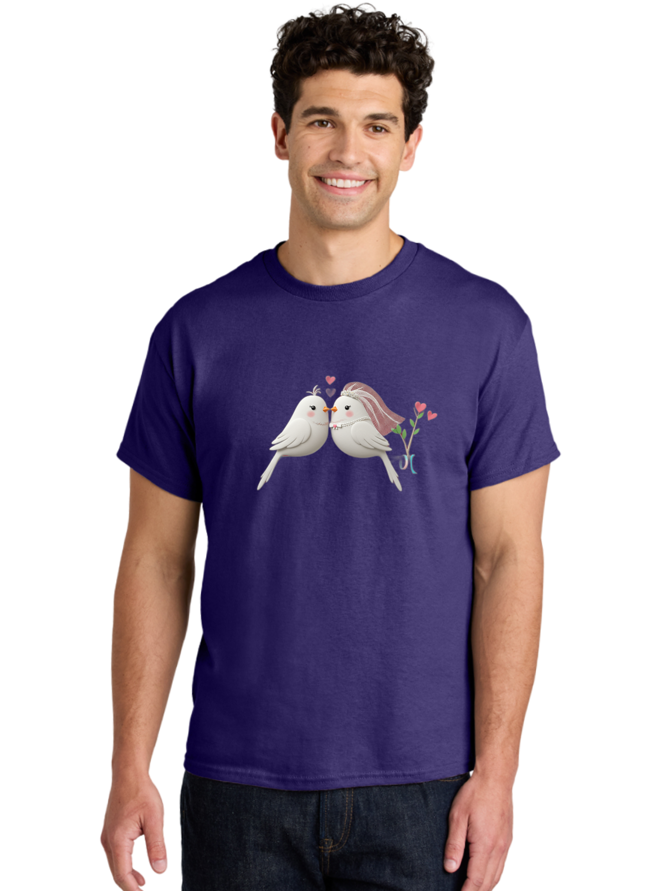 Kissing-Birds Men'S Graphic Tee, 100% Cotton, Comfortable Casual Summer Wear, Machine Washable, Wedding Birds, Couple Love Birds, Kissing Birds, Cartoon Birds, Digital Art, Cute Birds, Romance, Love, Hearts, Flowers, Wedding Theme Baa901