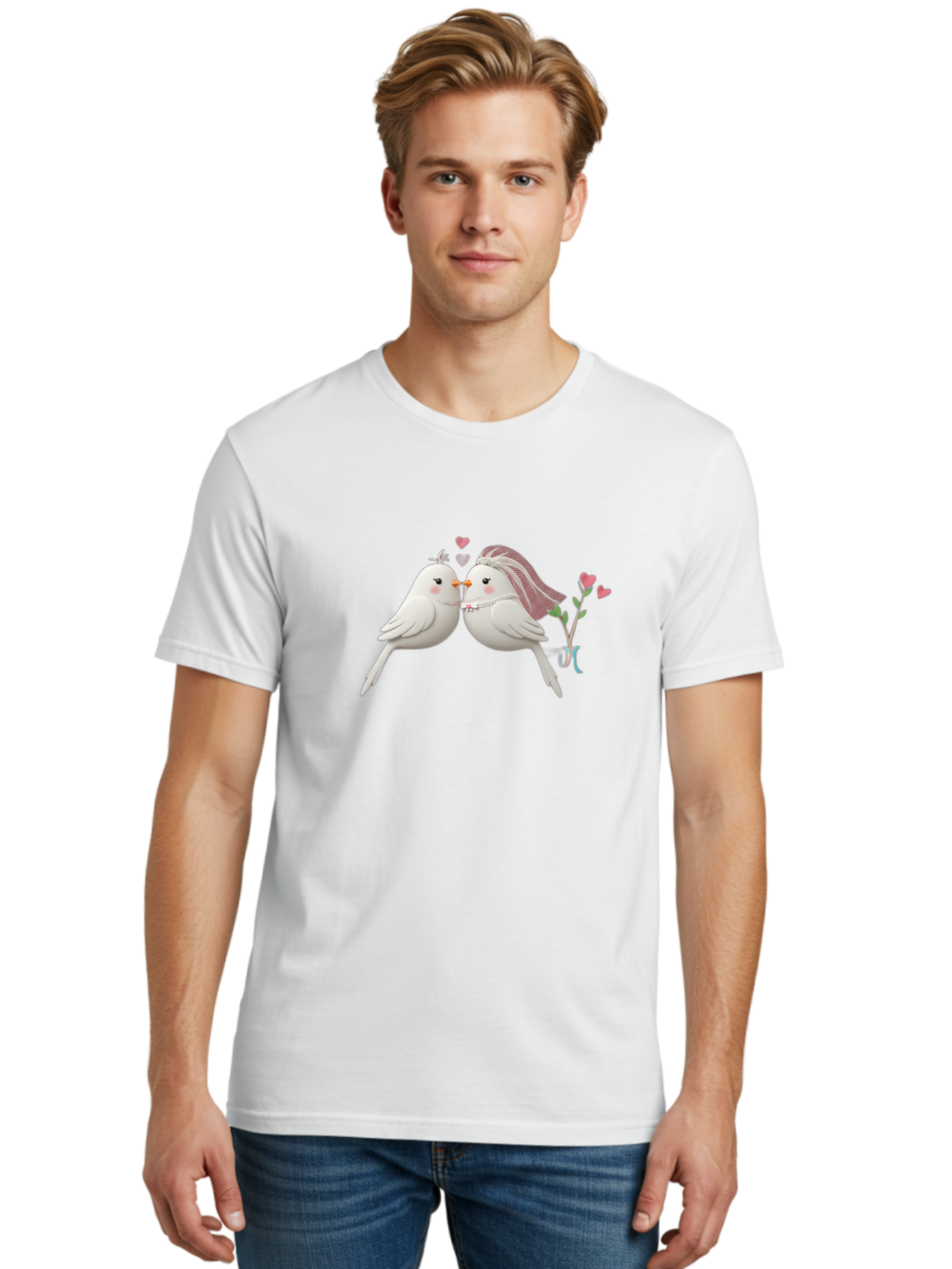 Kissing-Birds Men'S Graphic Tee, 100% Cotton, Comfortable Casual Summer Wear, Machine Washable, Wedding Birds, Couple Love Birds, Kissing Birds, Cartoon Birds, Digital Art, Cute Birds, Romance, Love, Hearts, Flowers, Wedding Theme Baa901