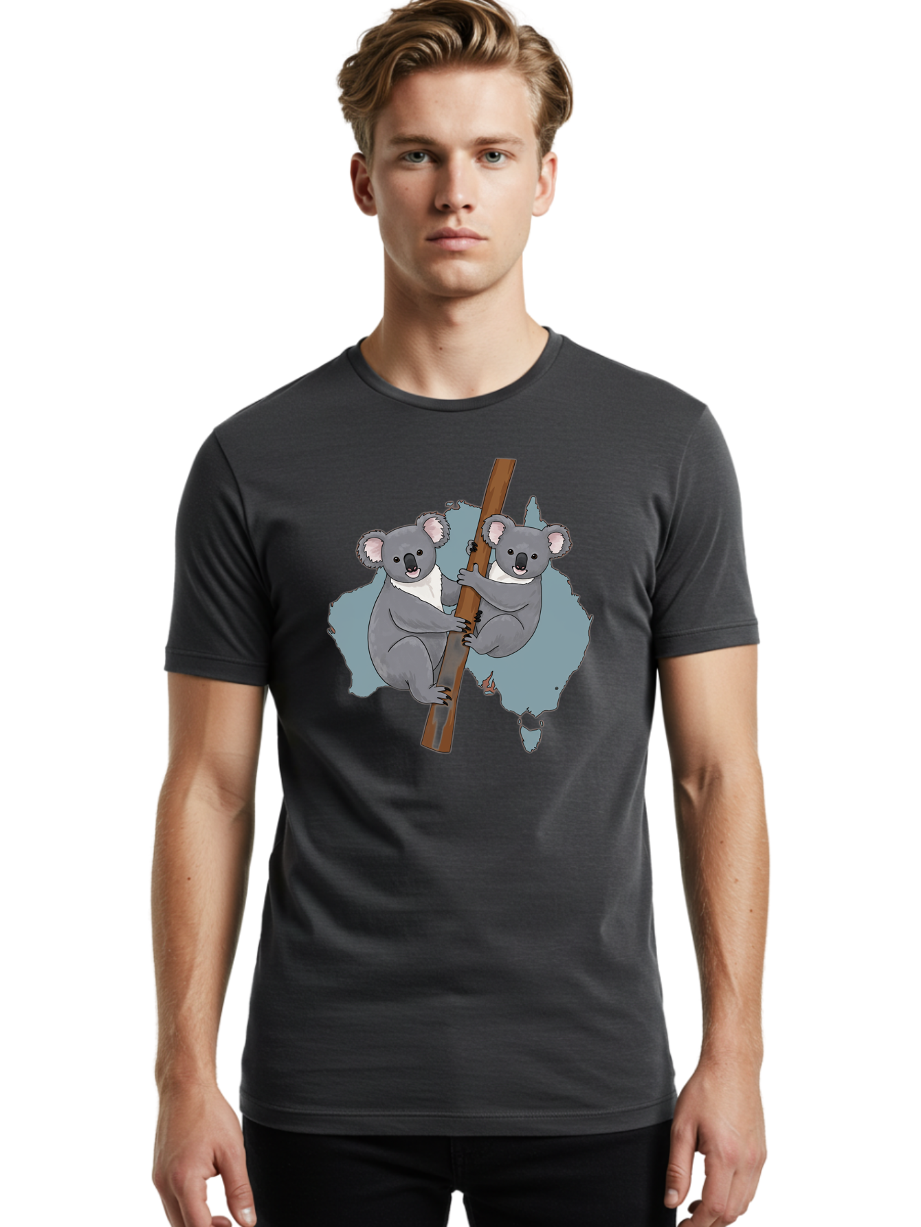 Koalas-On-Australia-Map Men'S Graphic Tee, 100% Cotton, Comfortable Casual Summer Wear, Machine Washable, Koalas Climbing, Australia Map, Cartoon Animals, Cute Wildlife, Adorable Marsupials, Australian Fauna, Funny Illustration, Gray Koalas, Baa903
