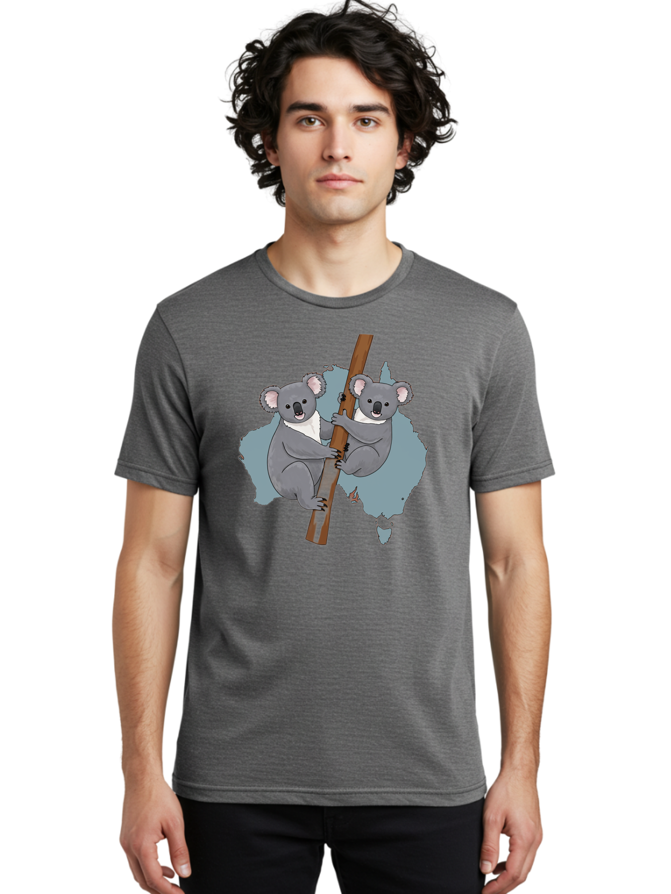Koalas-On-Australia-Map Men'S Graphic Tee, 100% Cotton, Comfortable Casual Summer Wear, Machine Washable, Koalas Climbing, Australia Map, Cartoon Animals, Cute Wildlife, Adorable Marsupials, Australian Fauna, Funny Illustration, Gray Koalas, Baa903