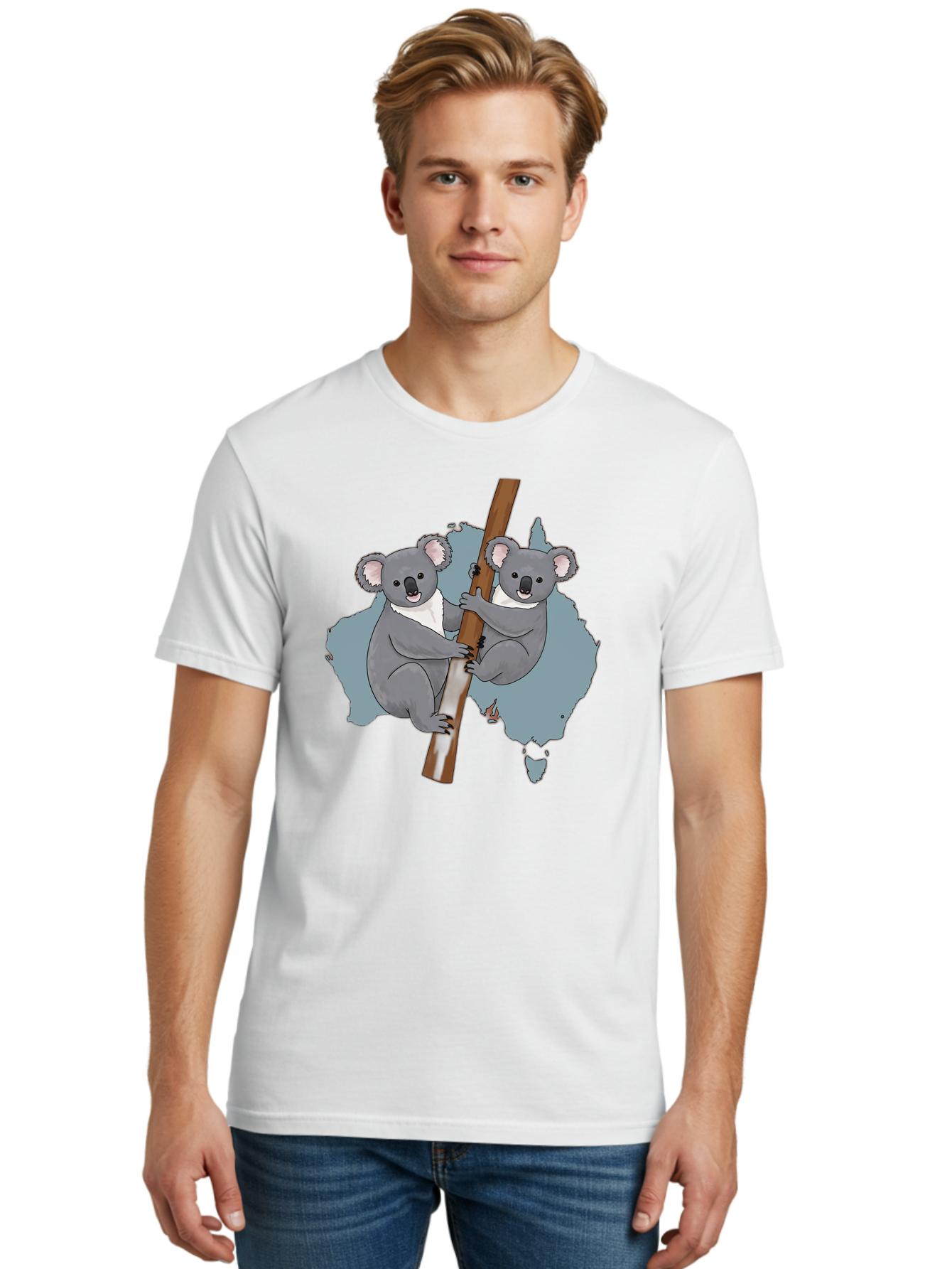 Koalas-On-Australia-Map Men'S Graphic Tee, 100% Cotton, Comfortable Casual Summer Wear, Machine Washable, Koalas Climbing, Australia Map, Cartoon Animals, Cute Wildlife, Adorable Marsupials, Australian Fauna, Funny Illustration, Gray Koalas, Baa903