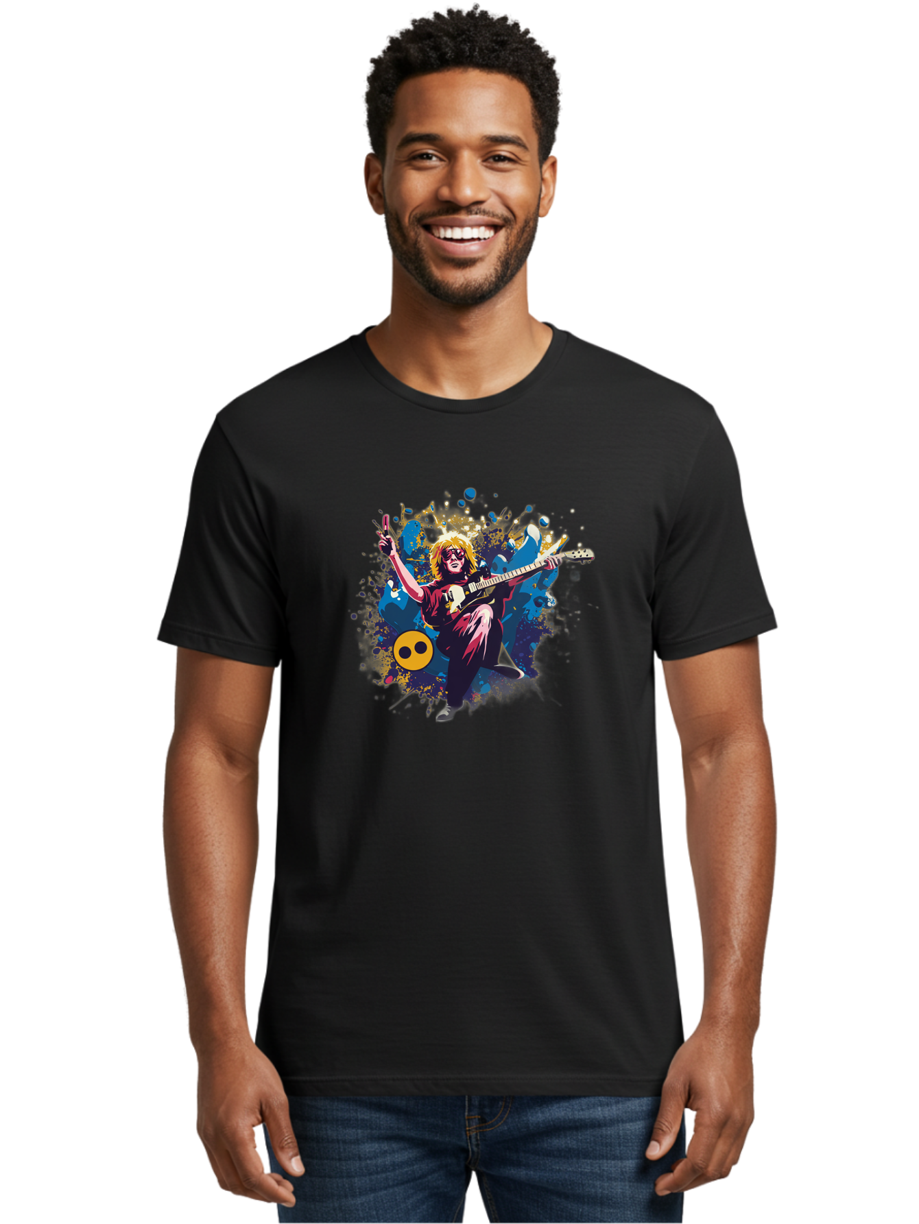 Kurt-Cobain Men'S Graphic Tee, 100% Cotton, Comfortable Casual Summer Wear, Machine Washable, Kurt Cobain Playing Guitar, Rockstar Pose, Kurt Cobain Tribute, Grunge Music, Iconic Musician, Rock On Gesture, Guitar Hero, Music Legend, Baa908