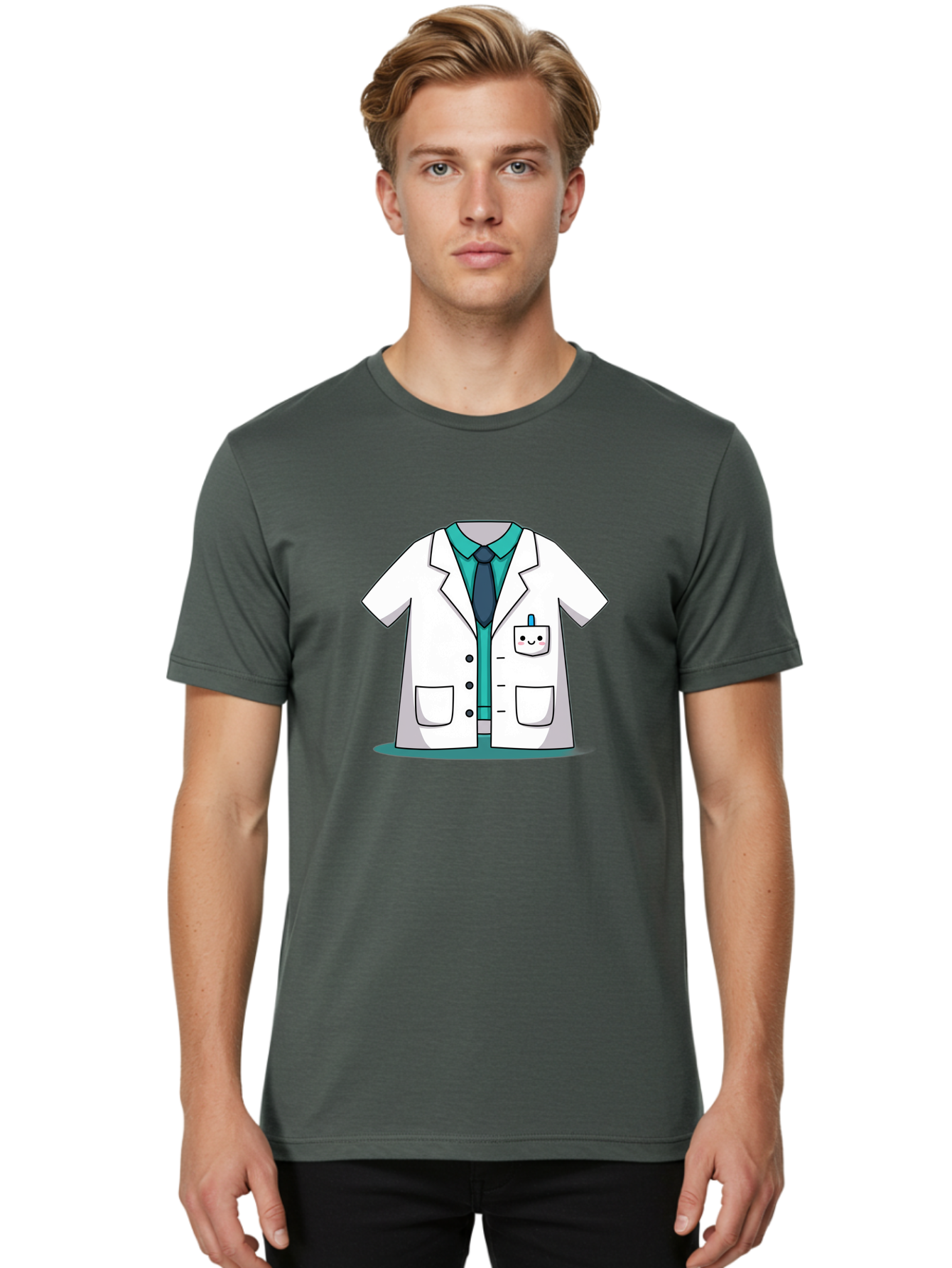 Lab-Coat Men'S Graphic Tee, 100% Cotton, Comfortable Casual Summer Wear, Machine Washable, Lab Coat, Cartoon Style, White Lab Coat, Shirt And Tie Underneath, Pocket Protector, Smiling Face, Medical Professional, Science Illustration, Baa909
