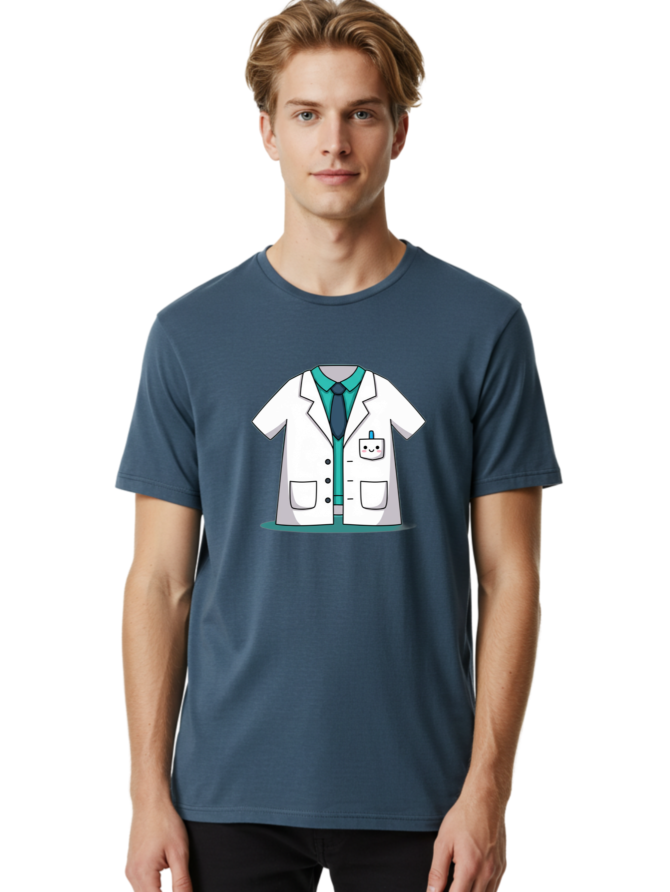 Lab-Coat Men'S Graphic Tee, 100% Cotton, Comfortable Casual Summer Wear, Machine Washable, Lab Coat, Cartoon Style, White Lab Coat, Shirt And Tie Underneath, Pocket Protector, Smiling Face, Medical Professional, Science Illustration, Baa909