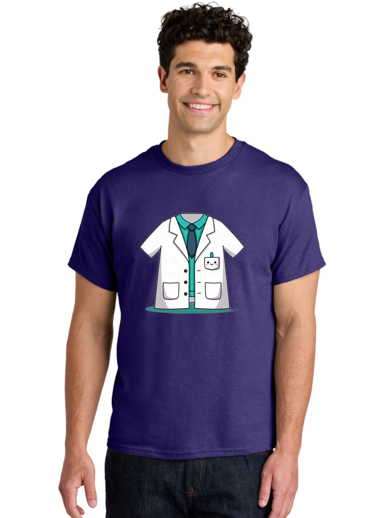 Lab-Coat Men'S Graphic Tee, 100% Cotton, Comfortable Casual Summer Wear, Machine Washable, Lab Coat, Cartoon Style, White Lab Coat, Shirt And Tie Underneath, Pocket Protector, Smiling Face, Medical Professional, Science Illustration, Baa909