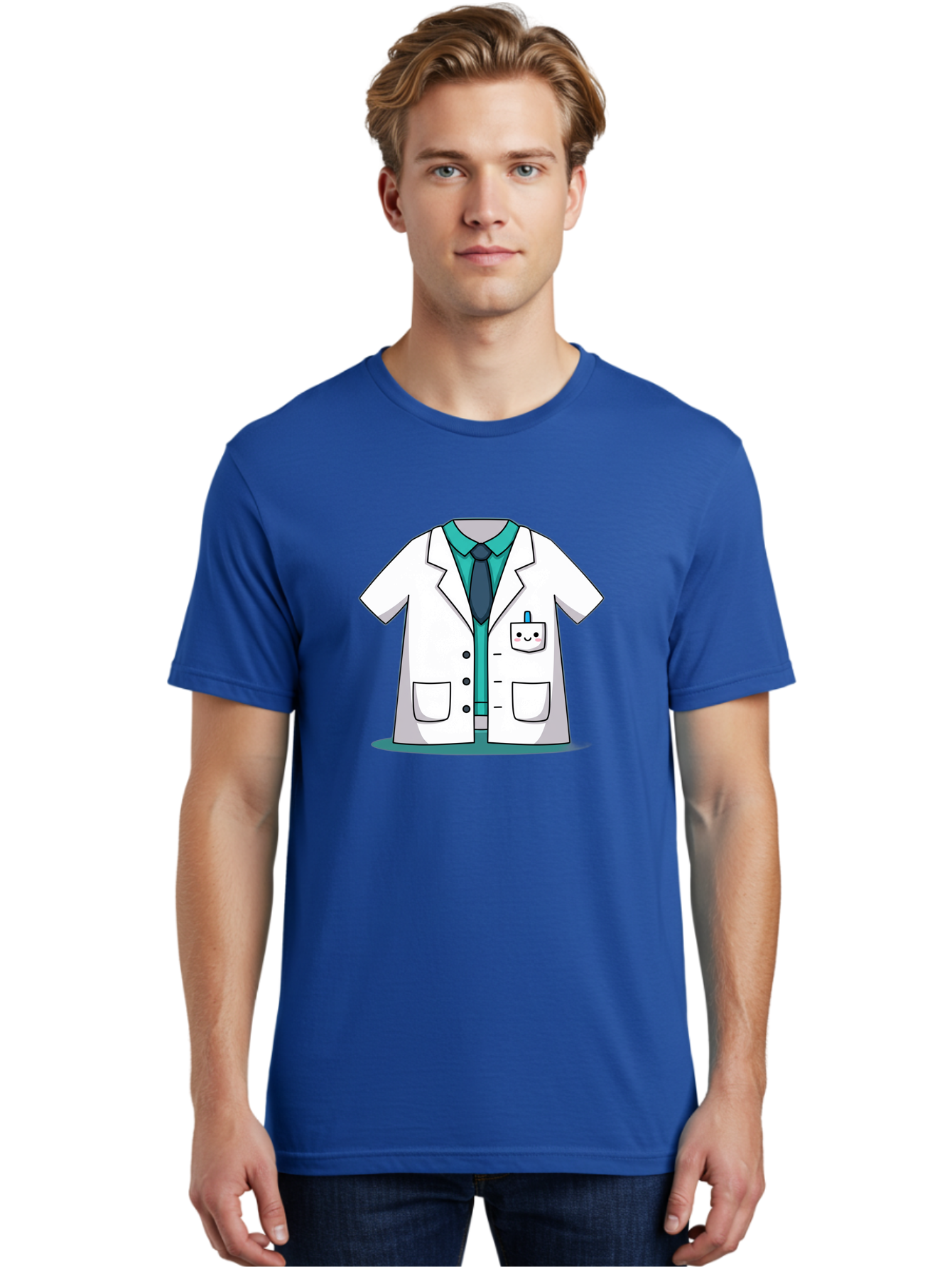 Lab-Coat Men'S Graphic Tee, 100% Cotton, Comfortable Casual Summer Wear, Machine Washable, Lab Coat, Cartoon Style, White Lab Coat, Shirt And Tie Underneath, Pocket Protector, Smiling Face, Medical Professional, Science Illustration, Baa909