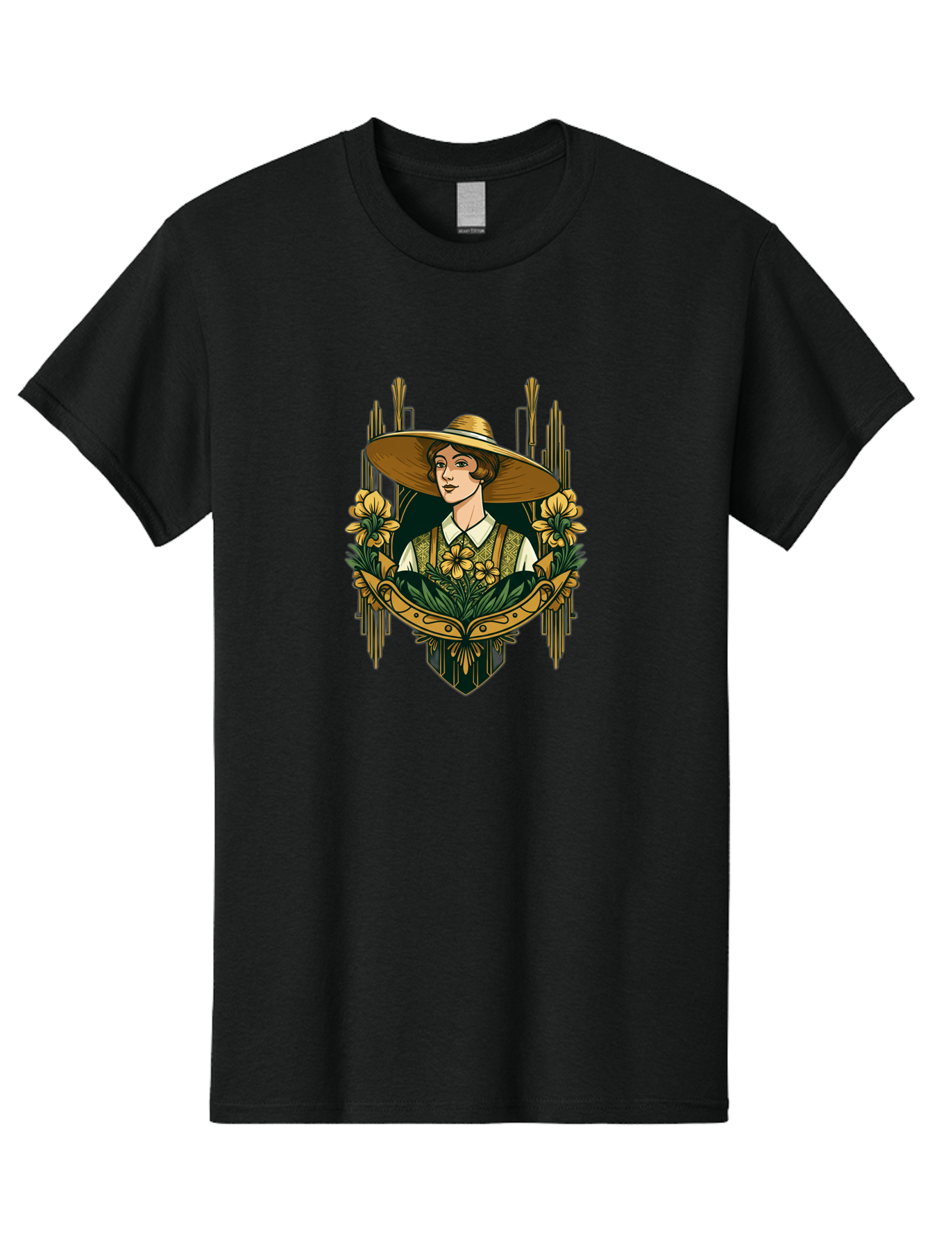 Lady-With-Sun-Hat Men'S Graphic Tee, 100% Cotton, Comfortable Casual Summer Wear, Machine Washable, Woman Wearing Sun Hat, Floral Arrangement, Yellow Flowers, Vintage Style, Art Nouveau, Natural Elegance, Feminine Charm, Decorative Elements, Baa910