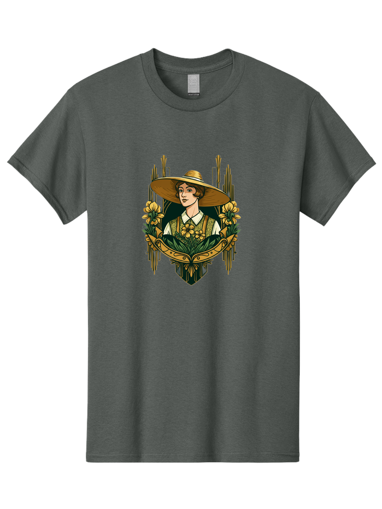 Lady-With-Sun-Hat Men'S Graphic Tee, 100% Cotton, Comfortable Casual Summer Wear, Machine Washable, Woman Wearing Sun Hat, Floral Arrangement, Yellow Flowers, Vintage Style, Art Nouveau, Natural Elegance, Feminine Charm, Decorative Elements, Baa910