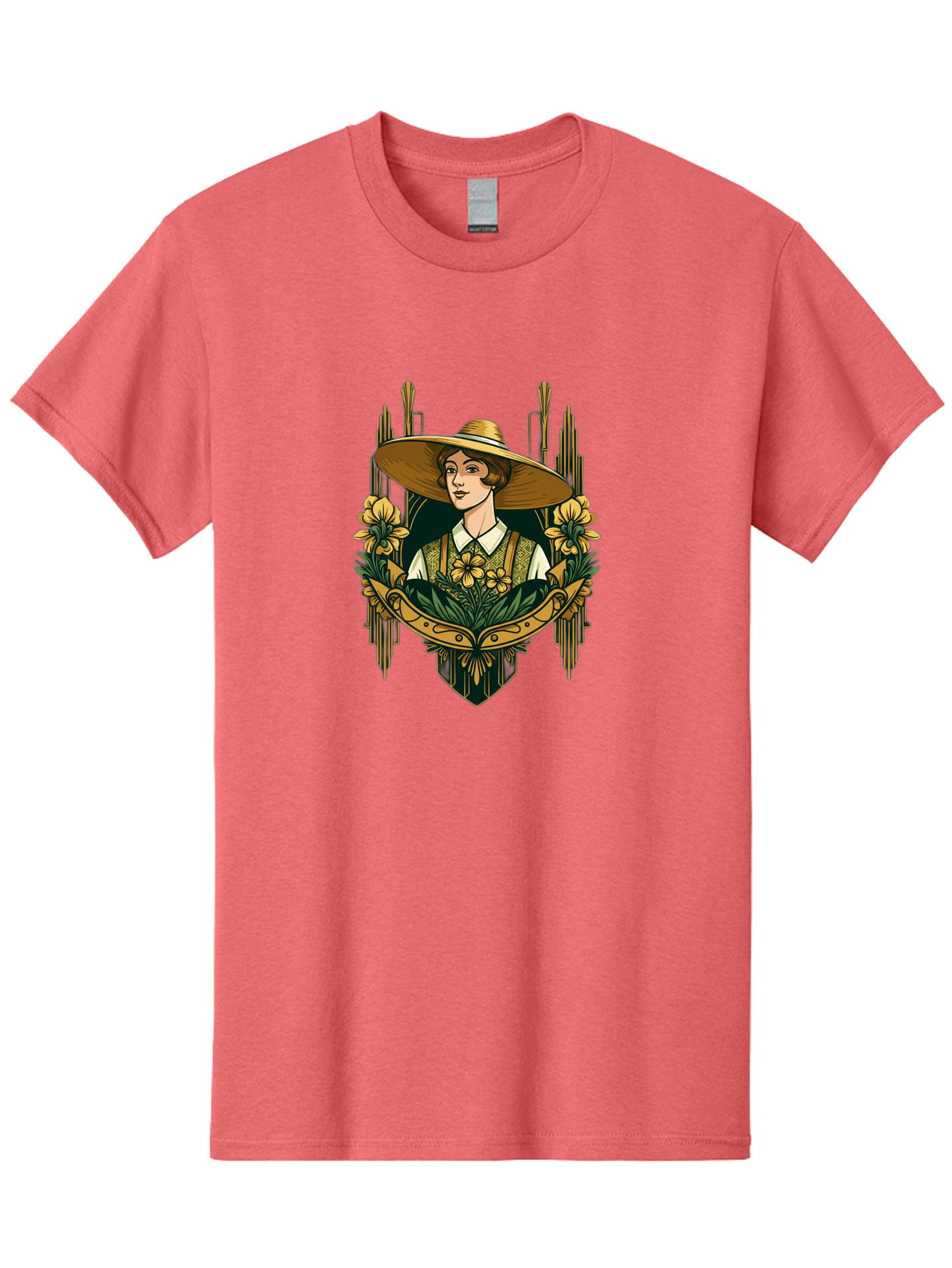 Lady-With-Sun-Hat Men'S Graphic Tee, 100% Cotton, Comfortable Casual Summer Wear, Machine Washable, Woman Wearing Sun Hat, Floral Arrangement, Yellow Flowers, Vintage Style, Art Nouveau, Natural Elegance, Feminine Charm, Decorative Elements, Baa910