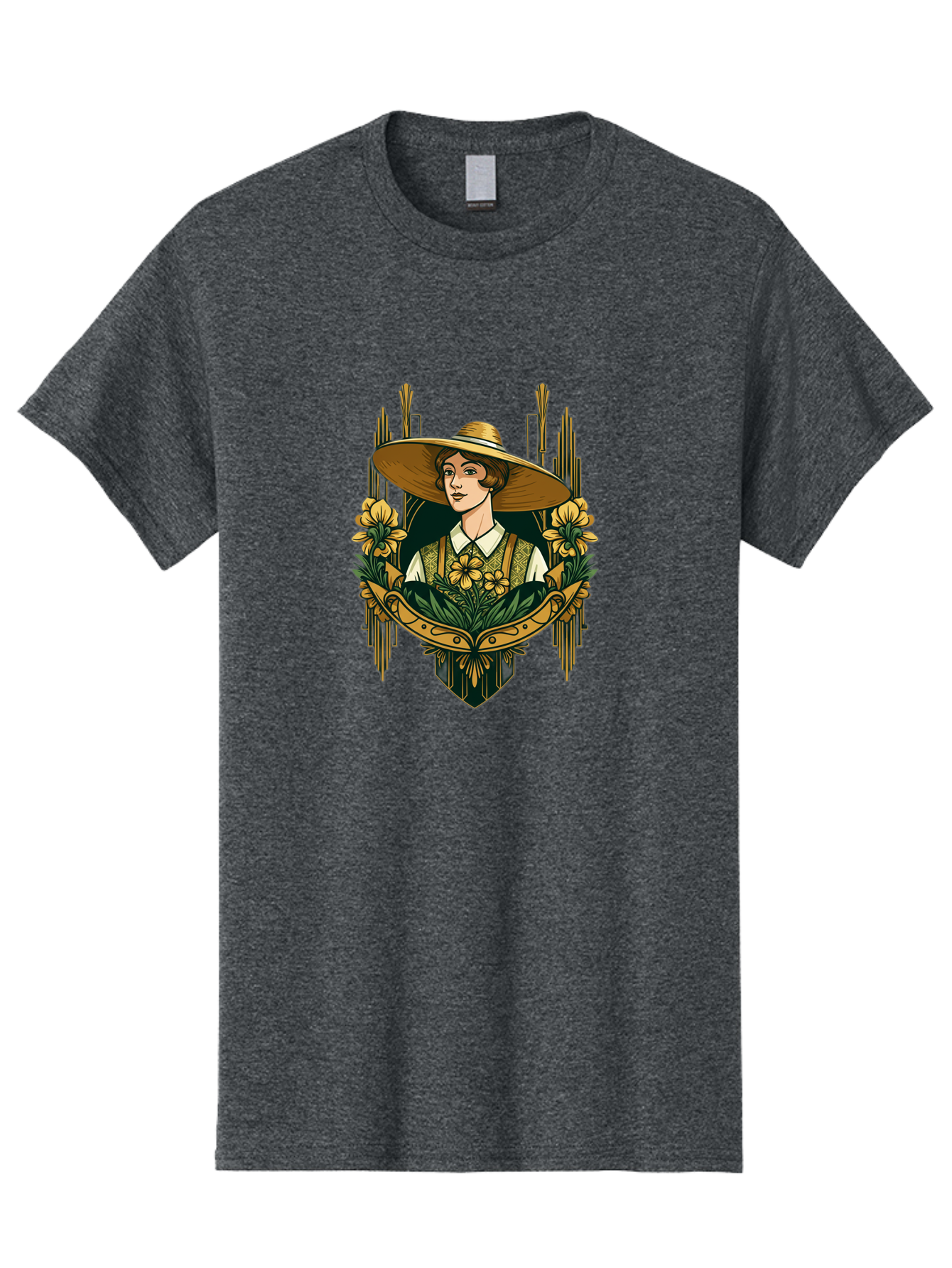 Lady-With-Sun-Hat Men'S Graphic Tee, 100% Cotton, Comfortable Casual Summer Wear, Machine Washable, Woman Wearing Sun Hat, Floral Arrangement, Yellow Flowers, Vintage Style, Art Nouveau, Natural Elegance, Feminine Charm, Decorative Elements, Baa910