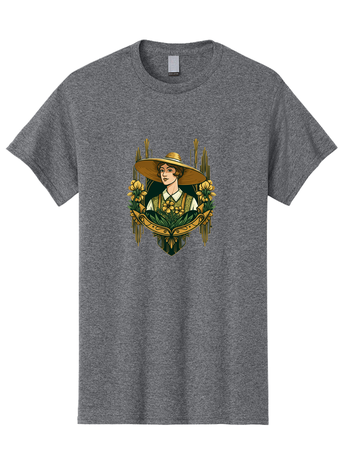 Lady-With-Sun-Hat Men'S Graphic Tee, 100% Cotton, Comfortable Casual Summer Wear, Machine Washable, Woman Wearing Sun Hat, Floral Arrangement, Yellow Flowers, Vintage Style, Art Nouveau, Natural Elegance, Feminine Charm, Decorative Elements, Baa910