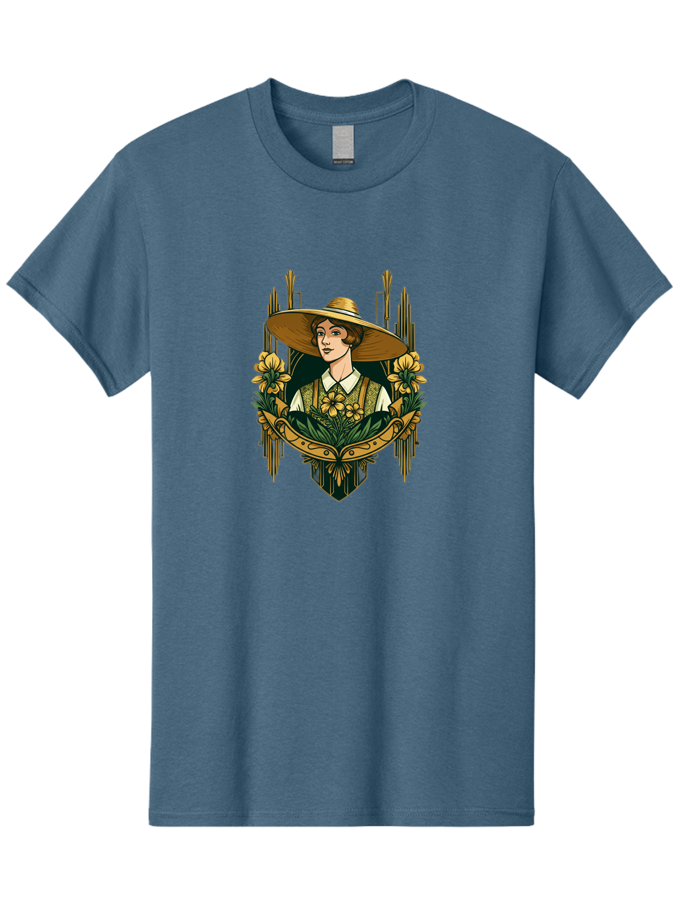 Lady-With-Sun-Hat Men'S Graphic Tee, 100% Cotton, Comfortable Casual Summer Wear, Machine Washable, Woman Wearing Sun Hat, Floral Arrangement, Yellow Flowers, Vintage Style, Art Nouveau, Natural Elegance, Feminine Charm, Decorative Elements, Baa910