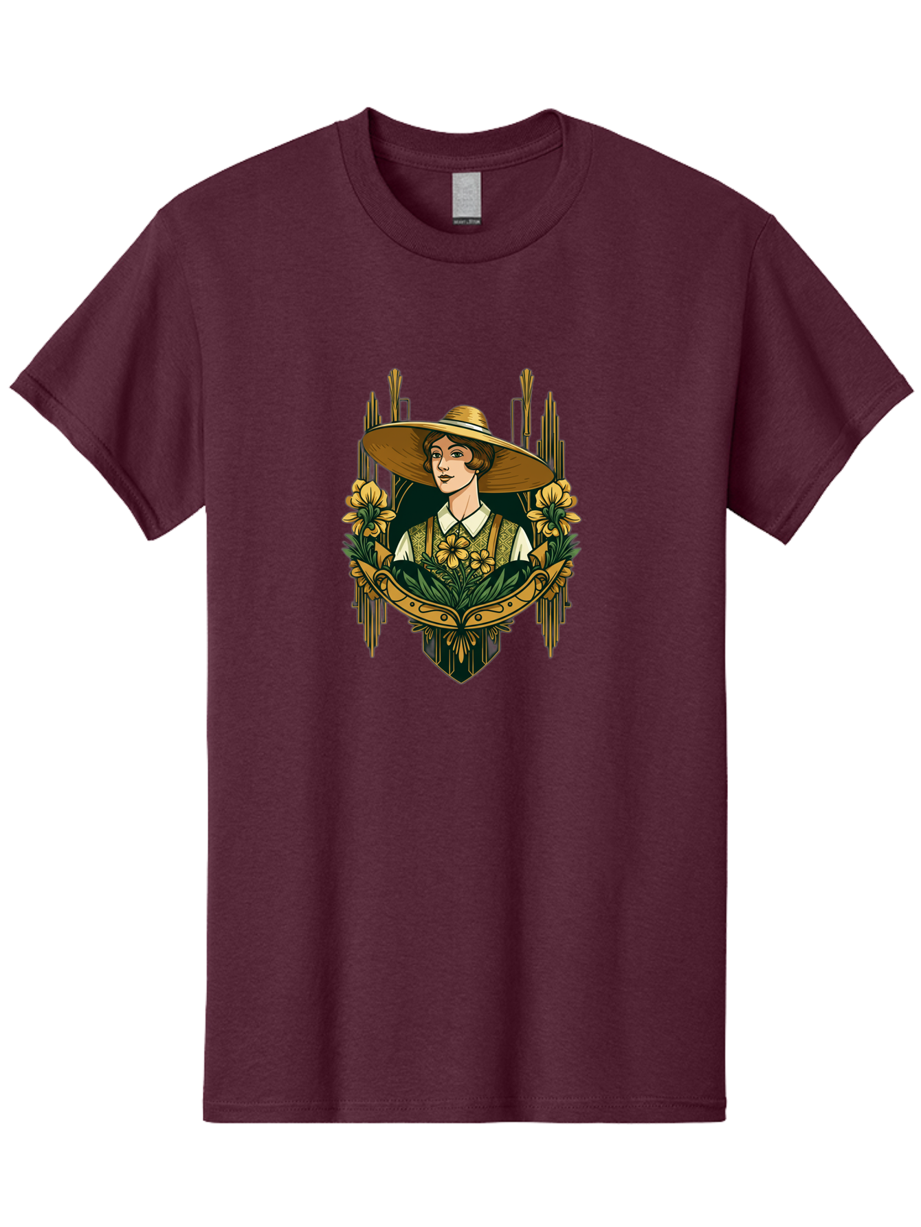 Lady-With-Sun-Hat Men'S Graphic Tee, 100% Cotton, Comfortable Casual Summer Wear, Machine Washable, Woman Wearing Sun Hat, Floral Arrangement, Yellow Flowers, Vintage Style, Art Nouveau, Natural Elegance, Feminine Charm, Decorative Elements, Baa910