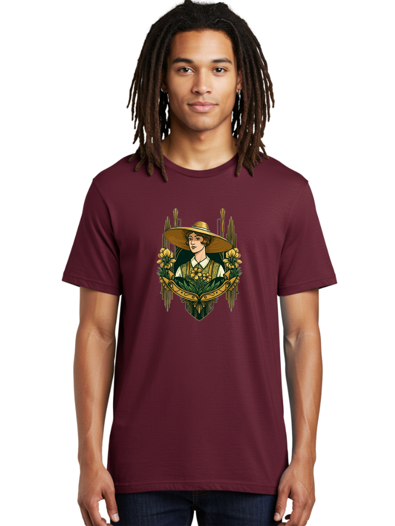 Lady-With-Sun-Hat Men'S Graphic Tee, 100% Cotton, Comfortable Casual Summer Wear, Machine Washable, Woman Wearing Sun Hat, Floral Arrangement, Yellow Flowers, Vintage Style, Art Nouveau, Natural Elegance, Feminine Charm, Decorative Elements, Baa910