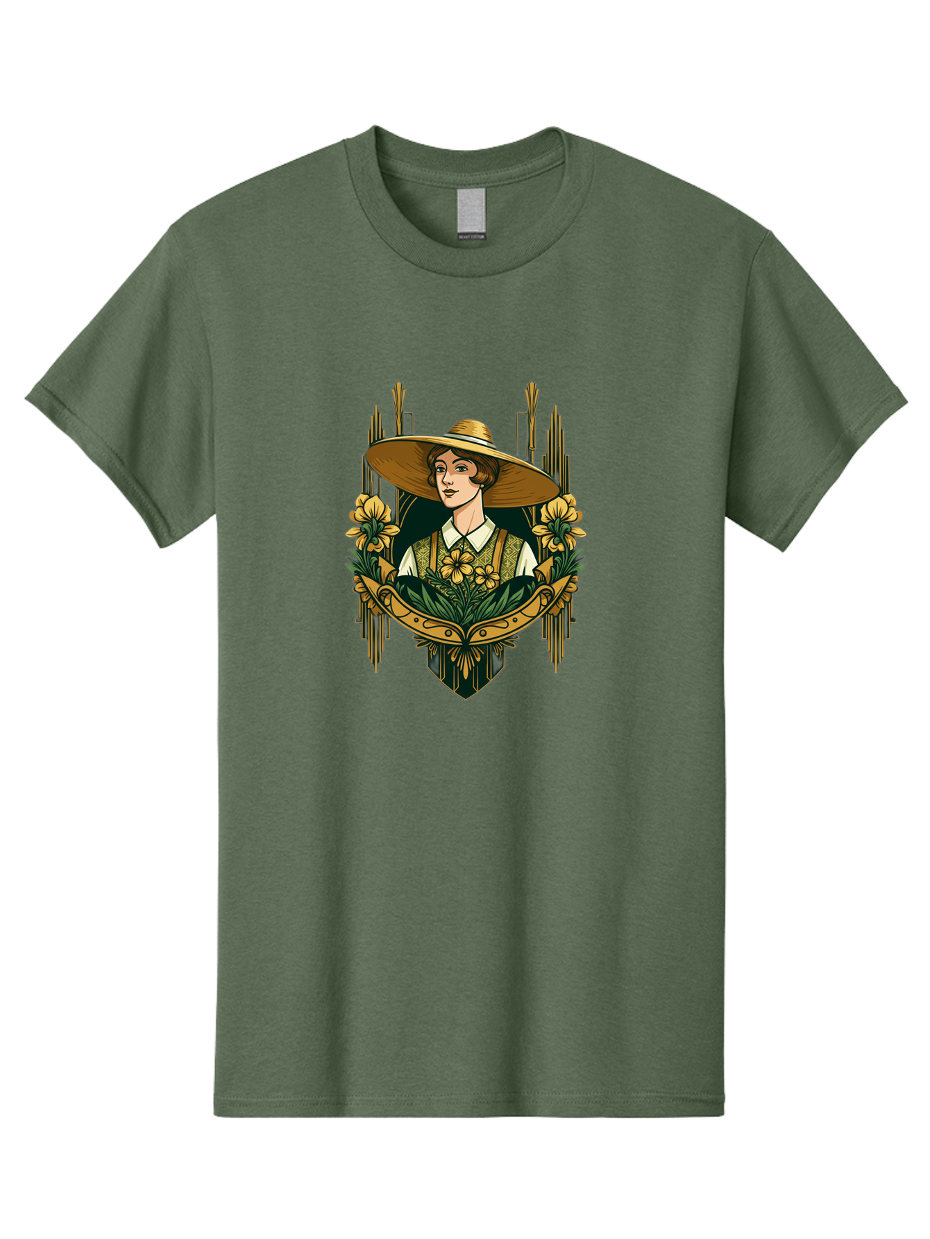 Lady-With-Sun-Hat Men'S Graphic Tee, 100% Cotton, Comfortable Casual Summer Wear, Machine Washable, Woman Wearing Sun Hat, Floral Arrangement, Yellow Flowers, Vintage Style, Art Nouveau, Natural Elegance, Feminine Charm, Decorative Elements, Baa910