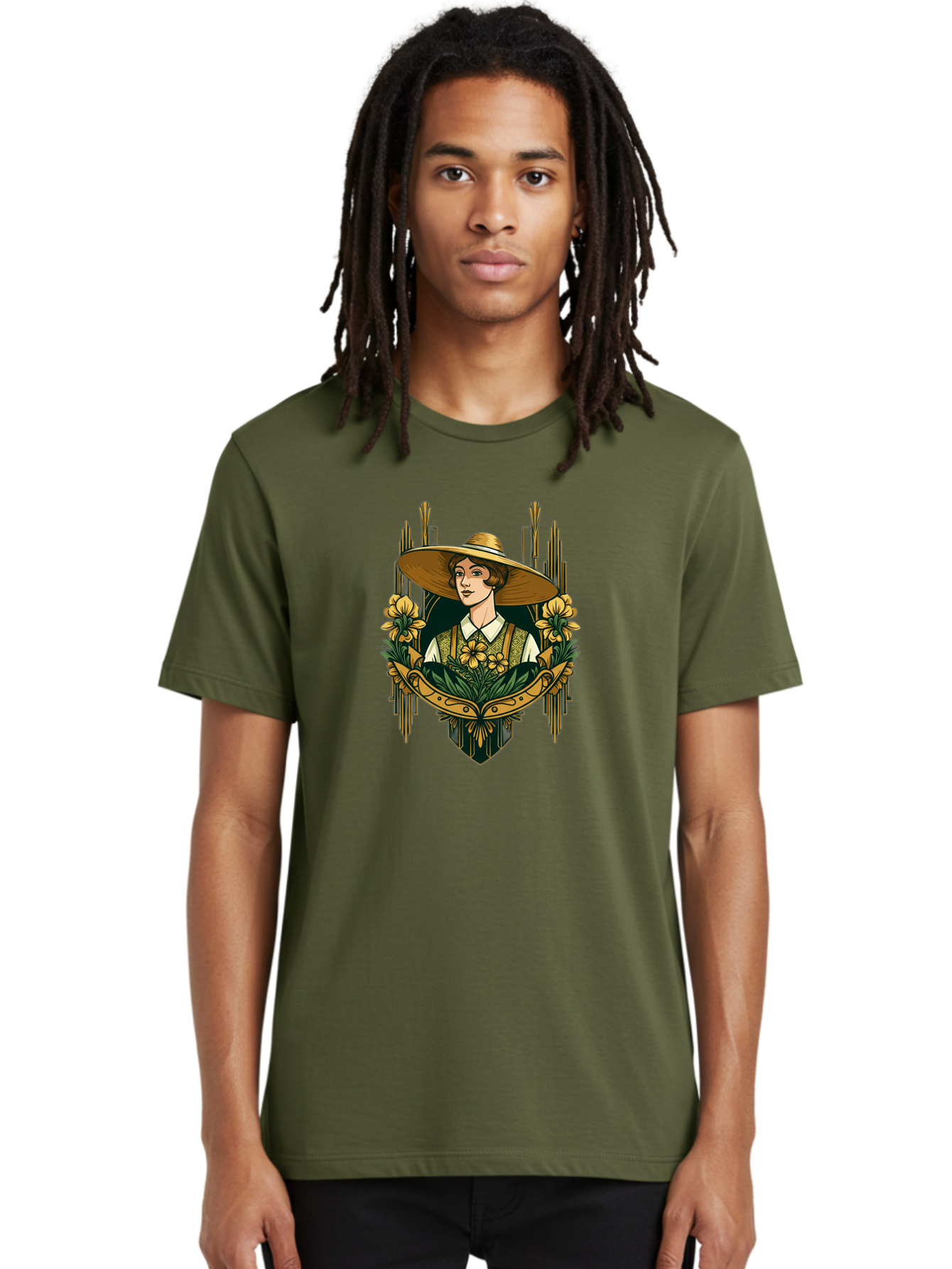 Lady-With-Sun-Hat Men'S Graphic Tee, 100% Cotton, Comfortable Casual Summer Wear, Machine Washable, Woman Wearing Sun Hat, Floral Arrangement, Yellow Flowers, Vintage Style, Art Nouveau, Natural Elegance, Feminine Charm, Decorative Elements, Baa910