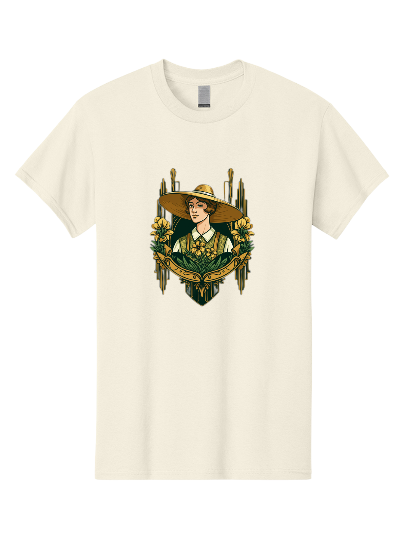 Lady-With-Sun-Hat Men'S Graphic Tee, 100% Cotton, Comfortable Casual Summer Wear, Machine Washable, Woman Wearing Sun Hat, Floral Arrangement, Yellow Flowers, Vintage Style, Art Nouveau, Natural Elegance, Feminine Charm, Decorative Elements, Baa910