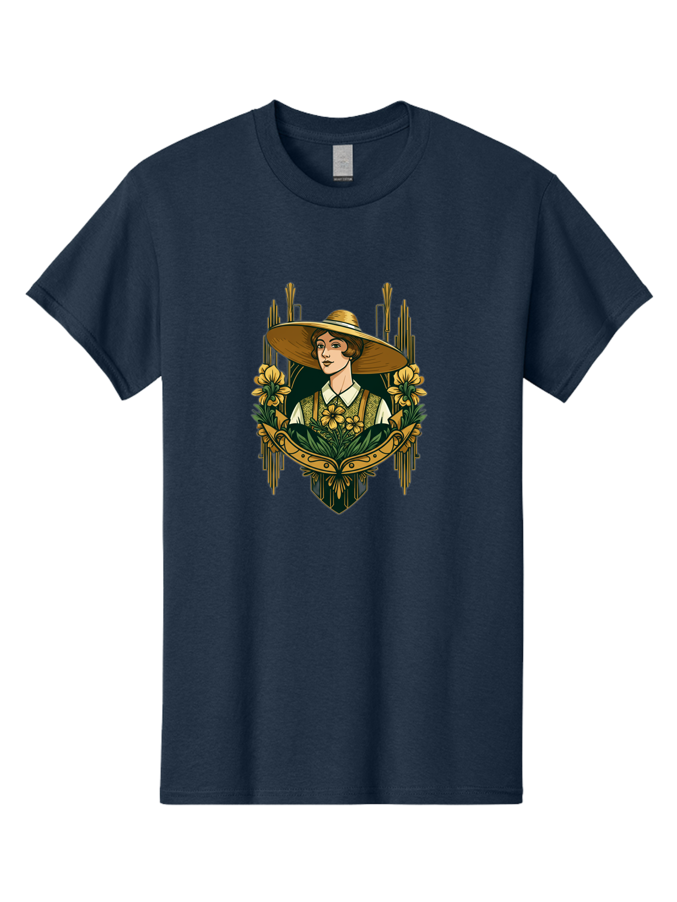 Lady-With-Sun-Hat Men'S Graphic Tee, 100% Cotton, Comfortable Casual Summer Wear, Machine Washable, Woman Wearing Sun Hat, Floral Arrangement, Yellow Flowers, Vintage Style, Art Nouveau, Natural Elegance, Feminine Charm, Decorative Elements, Baa910