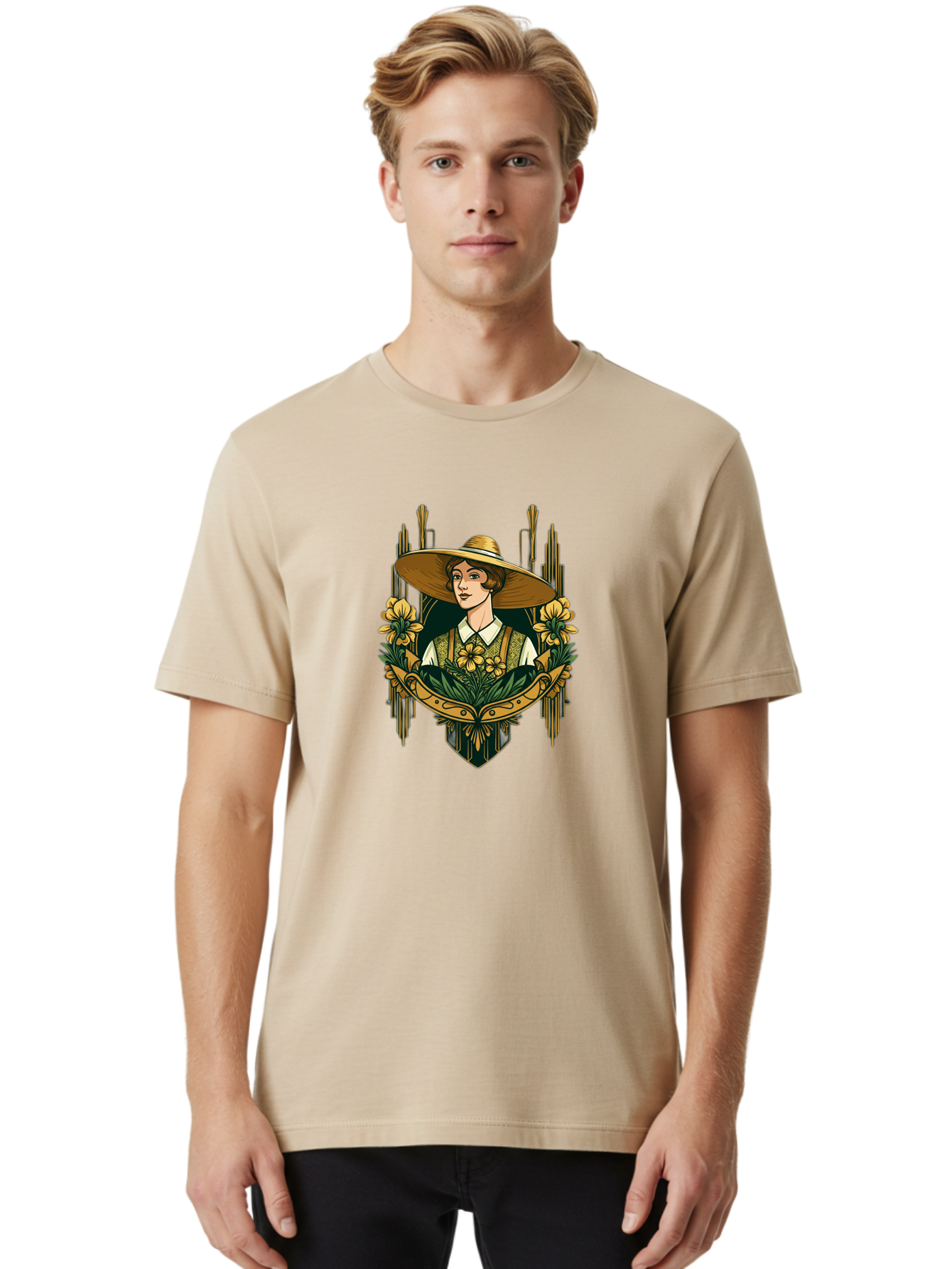 Lady-With-Sun-Hat Men'S Graphic Tee, 100% Cotton, Comfortable Casual Summer Wear, Machine Washable, Woman Wearing Sun Hat, Floral Arrangement, Yellow Flowers, Vintage Style, Art Nouveau, Natural Elegance, Feminine Charm, Decorative Elements, Baa910