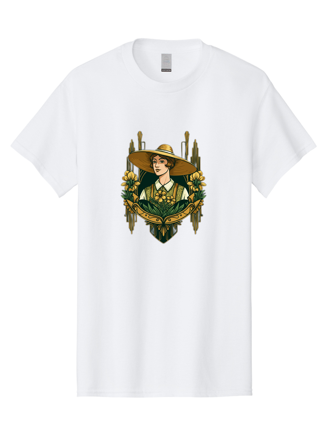 Lady-With-Sun-Hat Men'S Graphic Tee, 100% Cotton, Comfortable Casual Summer Wear, Machine Washable, Woman Wearing Sun Hat, Floral Arrangement, Yellow Flowers, Vintage Style, Art Nouveau, Natural Elegance, Feminine Charm, Decorative Elements, Baa910