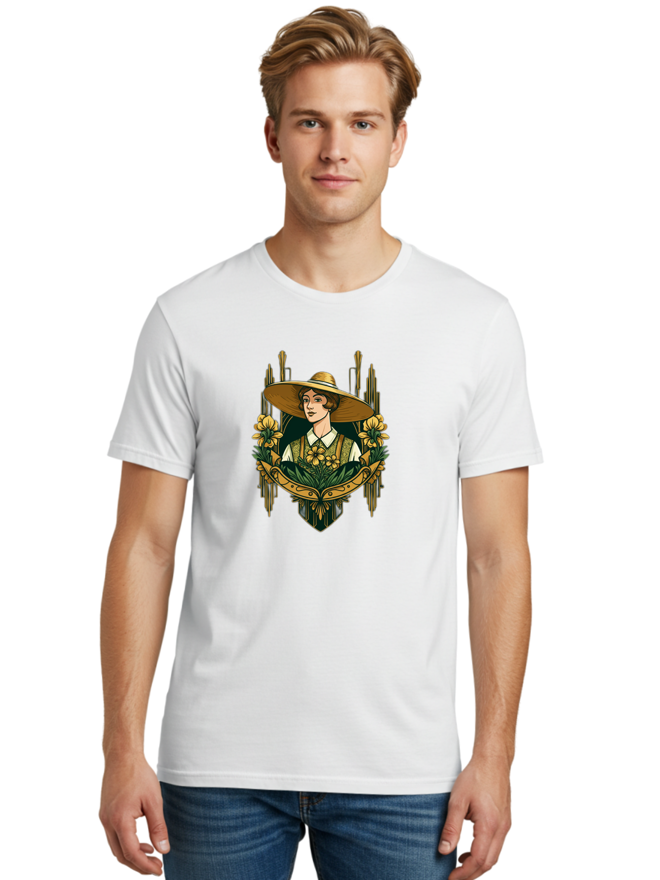 Lady-With-Sun-Hat Men'S Graphic Tee, 100% Cotton, Comfortable Casual Summer Wear, Machine Washable, Woman Wearing Sun Hat, Floral Arrangement, Yellow Flowers, Vintage Style, Art Nouveau, Natural Elegance, Feminine Charm, Decorative Elements, Baa910