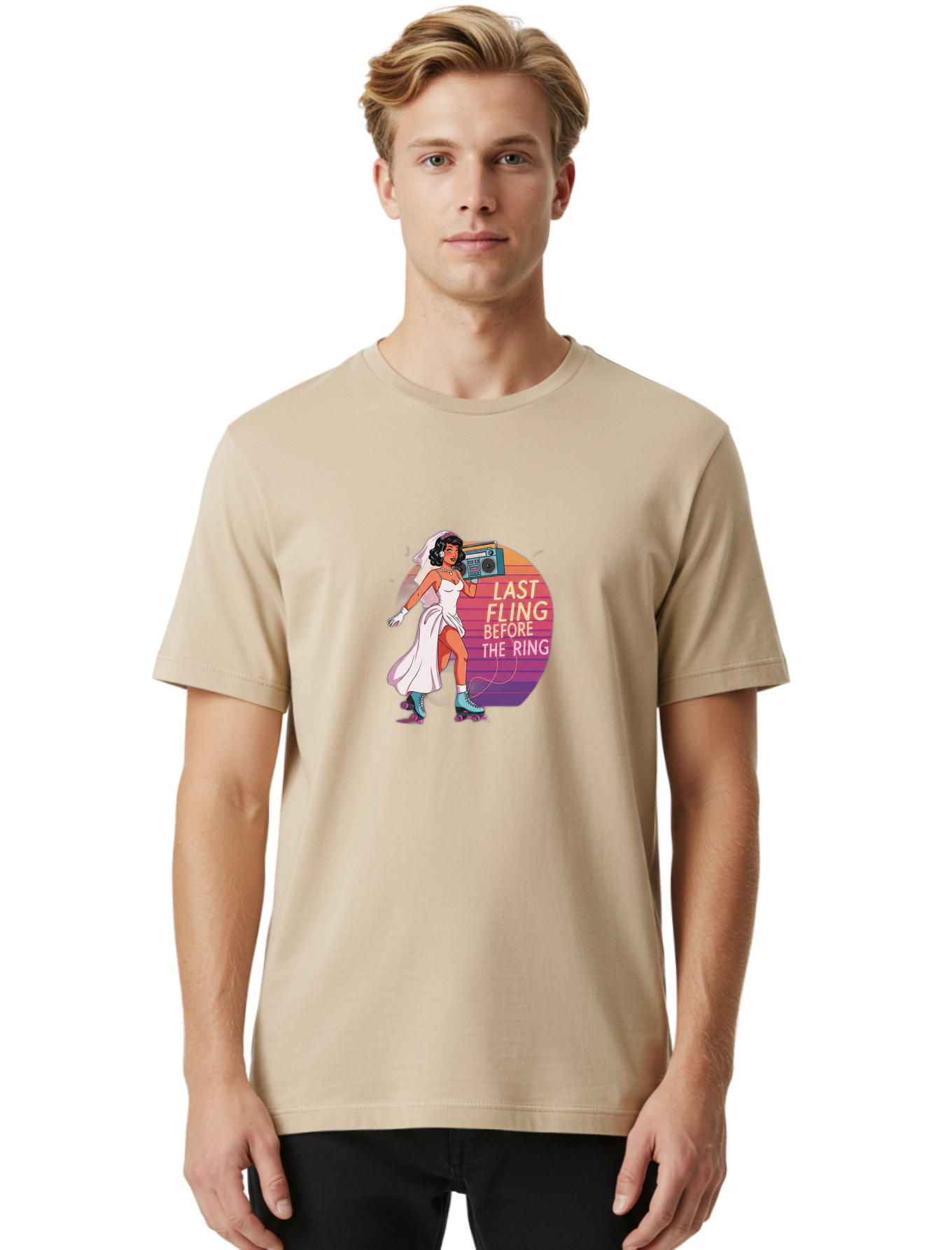 Last-Fling-Before-The-Ring-1 Men'S Graphic Tee, 100% Cotton, Comfortable Casual Summer Wear, Machine Washable, Bride On Roller Skates, Wedding Dress, Boombox, Last Fling Before The Ring, Fun, Party, Bachelorette, Playful Bride, Baa911
