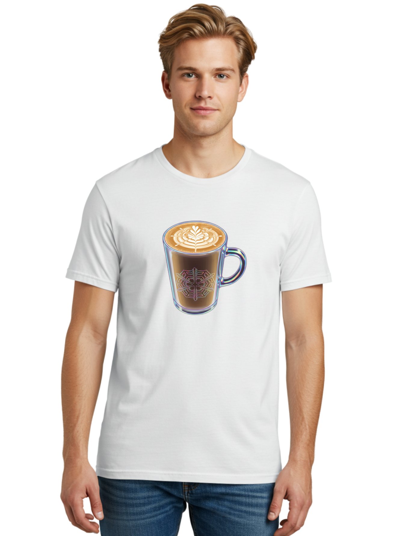 Latte-Art-Coffee Men'S Graphic Tee, 100% Cotton, Comfortable Casual Summer Wear, Machine Washable, Latte Art, Coffee Design, Coffee Cup, Leaf Pattern, Frothy Coffee, Coffee Drink, Gourmet Coffee, Artistic Coffee Baa913