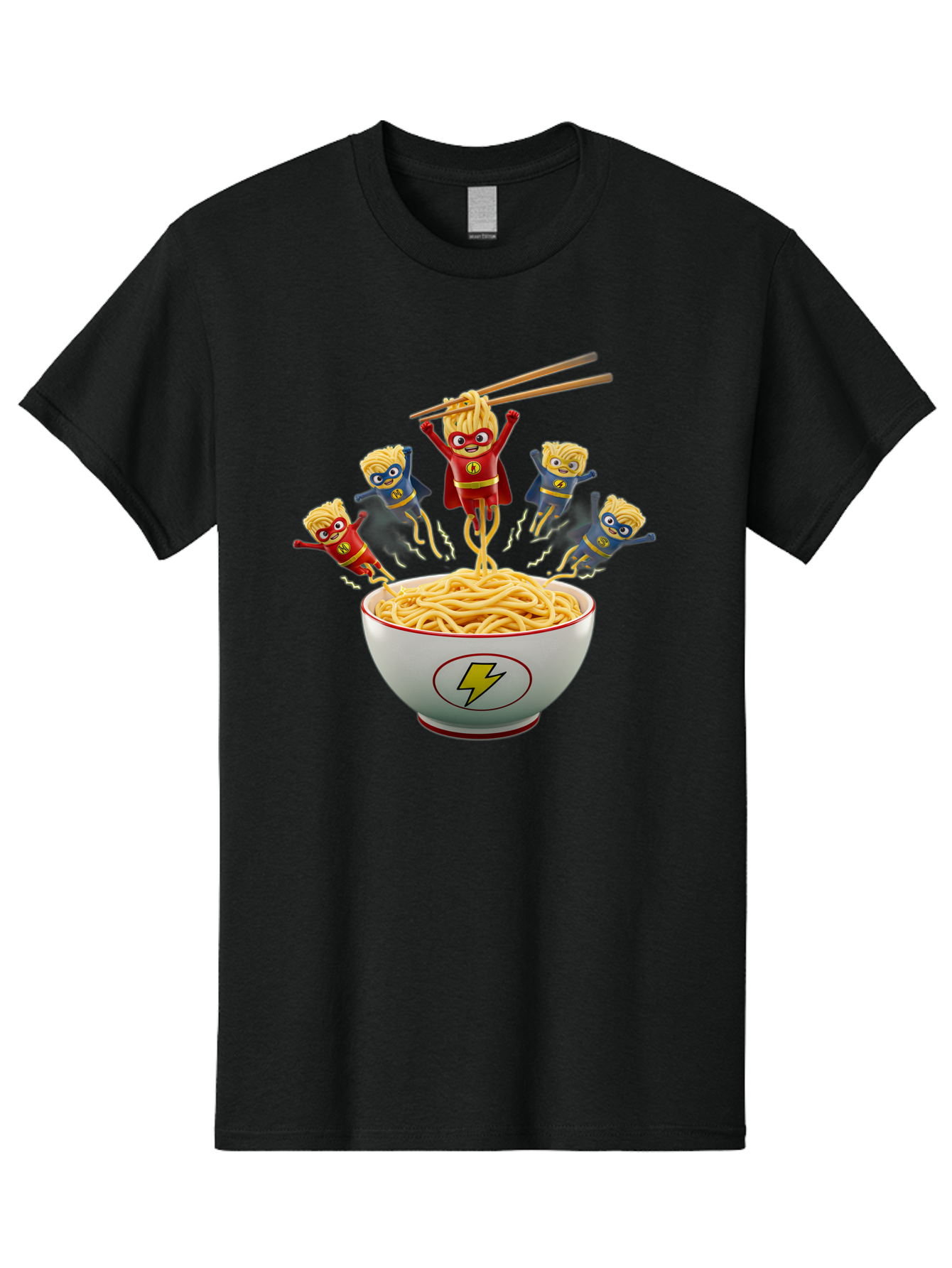 Lightning-Noodles Men'S Graphic Tee, 100% Cotton, Comfortable Casual Summer Wear, Machine Washable, Noodle Superheroes, Cartoon Characters, Comic Book Style, Asian Cuisine, Noodles, Chopsticks, Superhero Costumes, Funny, Playful, Baa920