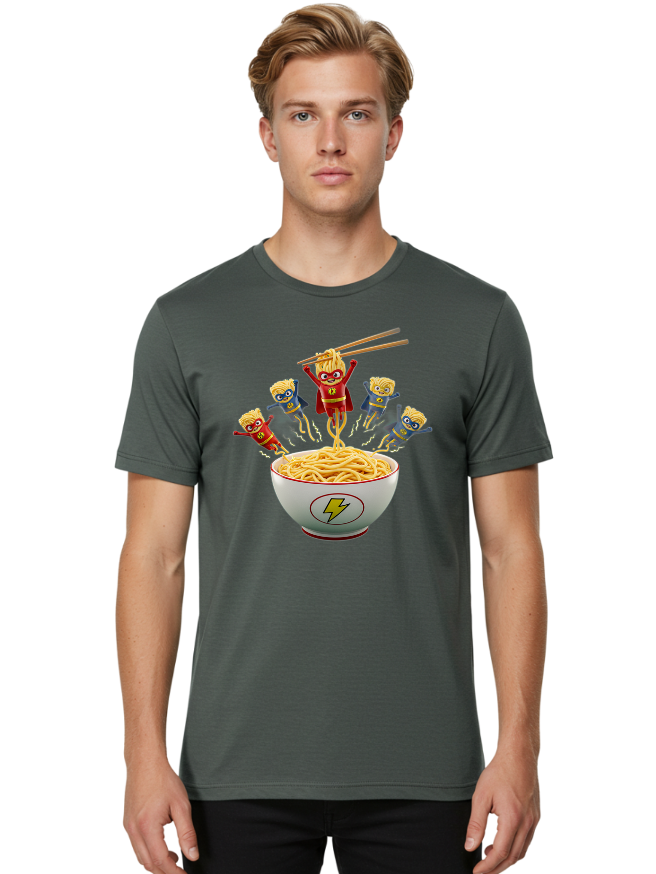 Lightning-Noodles Men'S Graphic Tee, 100% Cotton, Comfortable Casual Summer Wear, Machine Washable, Noodle Superheroes, Cartoon Characters, Comic Book Style, Asian Cuisine, Noodles, Chopsticks, Superhero Costumes, Funny, Playful, Baa920