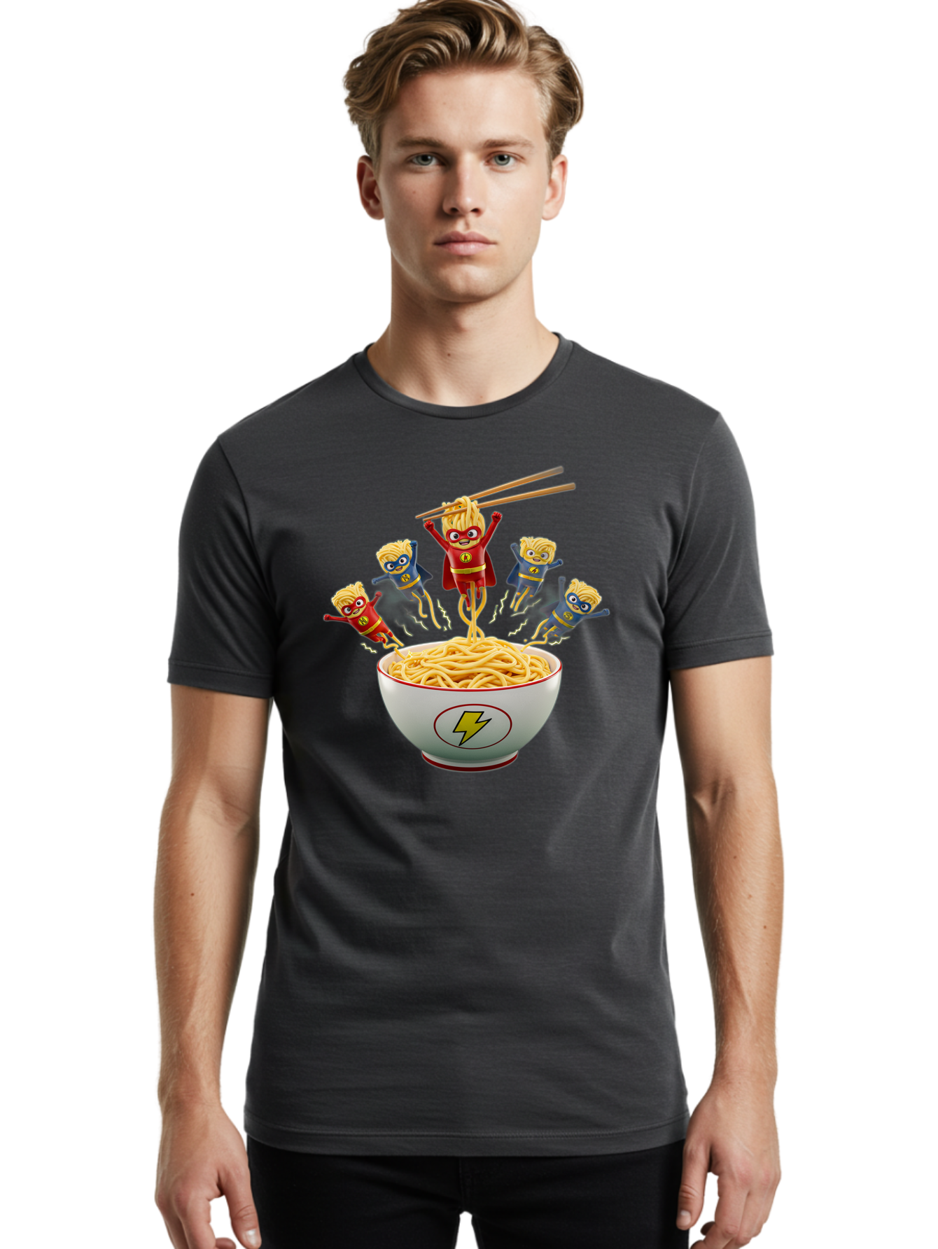 Lightning-Noodles Men'S Graphic Tee, 100% Cotton, Comfortable Casual Summer Wear, Machine Washable, Noodle Superheroes, Cartoon Characters, Comic Book Style, Asian Cuisine, Noodles, Chopsticks, Superhero Costumes, Funny, Playful, Baa920
