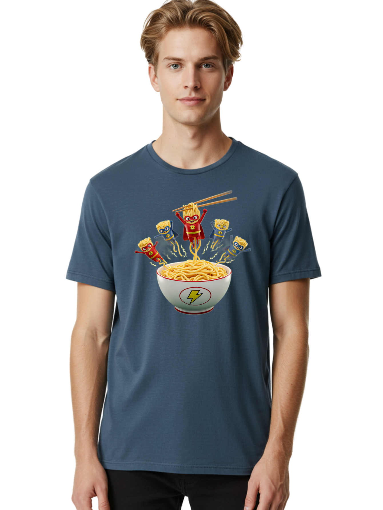 Lightning-Noodles Men'S Graphic Tee, 100% Cotton, Comfortable Casual Summer Wear, Machine Washable, Noodle Superheroes, Cartoon Characters, Comic Book Style, Asian Cuisine, Noodles, Chopsticks, Superhero Costumes, Funny, Playful, Baa920