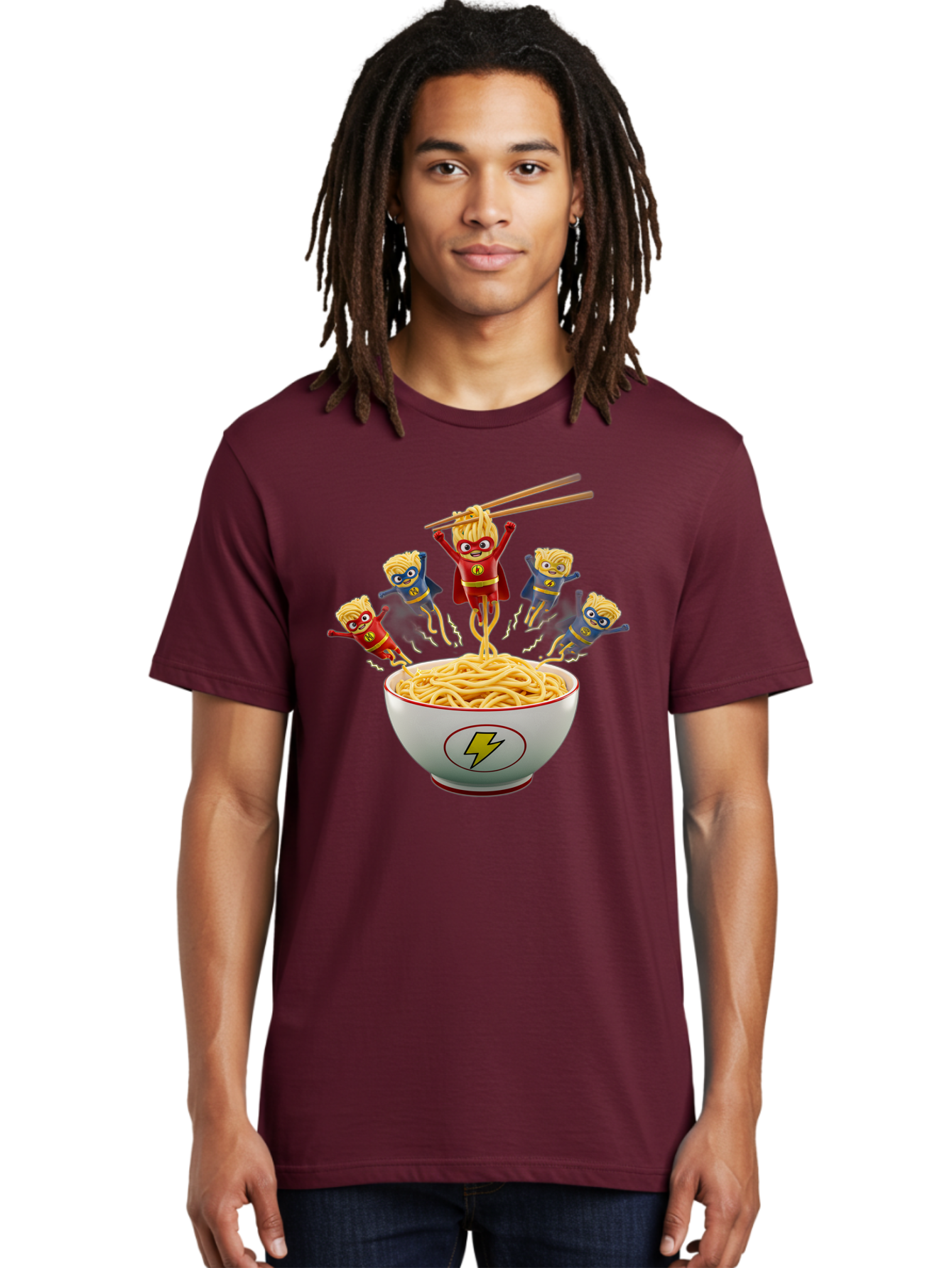 Lightning-Noodles Men'S Graphic Tee, 100% Cotton, Comfortable Casual Summer Wear, Machine Washable, Noodle Superheroes, Cartoon Characters, Comic Book Style, Asian Cuisine, Noodles, Chopsticks, Superhero Costumes, Funny, Playful, Baa920